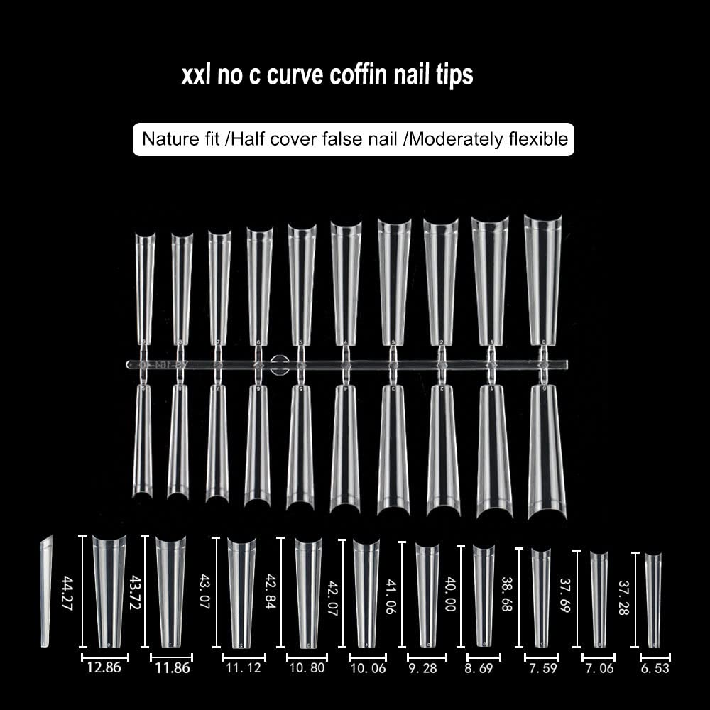 SITELENABY 500pcs Extra Long Clear Acrylic Coffin Nails - No C Curve, 10 Sizes (Coffin 500pcs) With Case