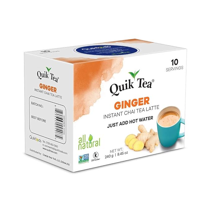 QuikTea Ginger Chai Tea Latte - 20 Count (2 Boxes of 10 Each) - Packaging May Vary - All Natural Preservative Free Authentic Chai from Assam & Darjeeling