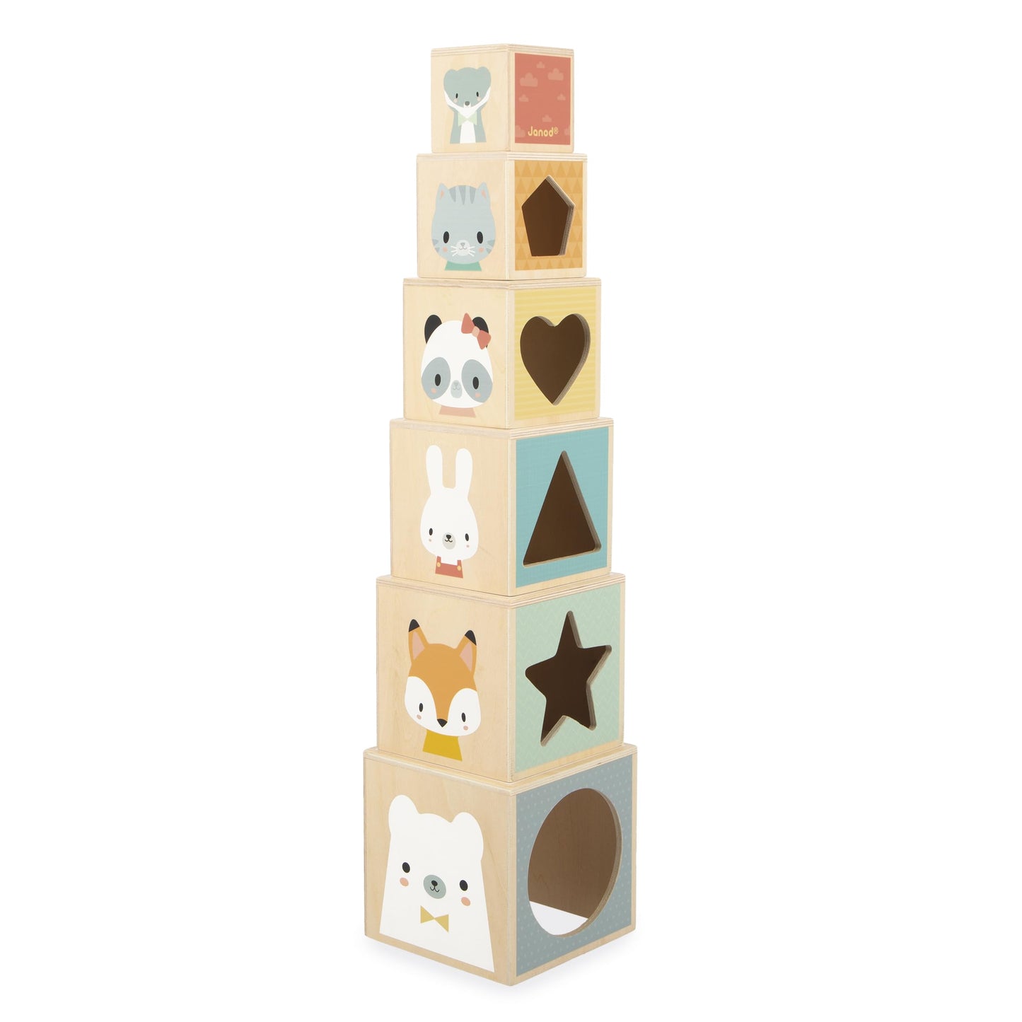 Janod J05147 First Wooden Pyramid - 6 Cubes Stacking Toy - Develops Dexterity and Imagination - Early Ages 12 Months from 12 Months, Multi-Coloured