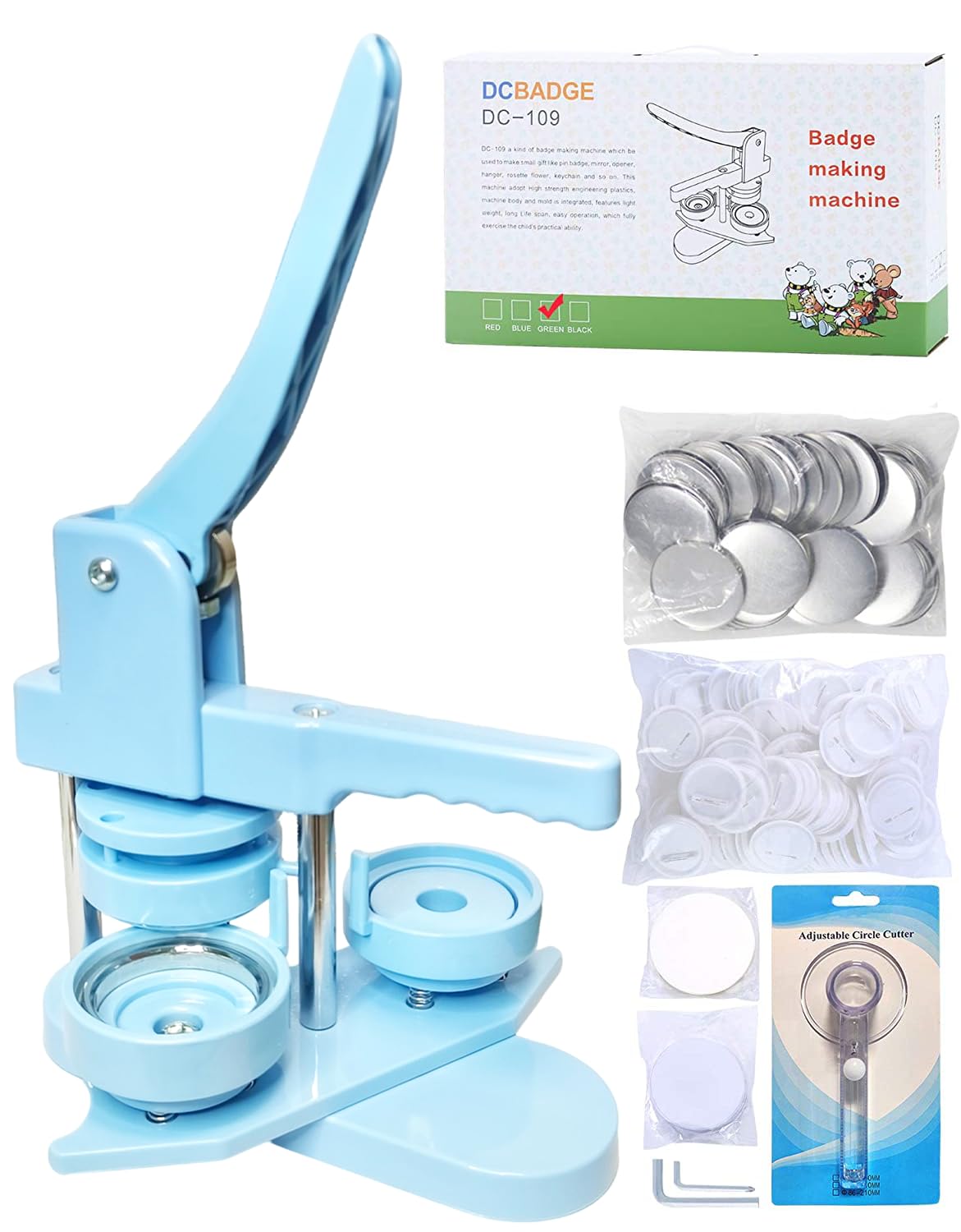 DCBADGE Button Maker Machine, Button Pin Maker (3rd Gen) Installation-Free DIY, Button Press Machine Kit with Free Button Parts&Circle Cutter&Wrench Gadget (Light Blue, 58mm（2.25in）)