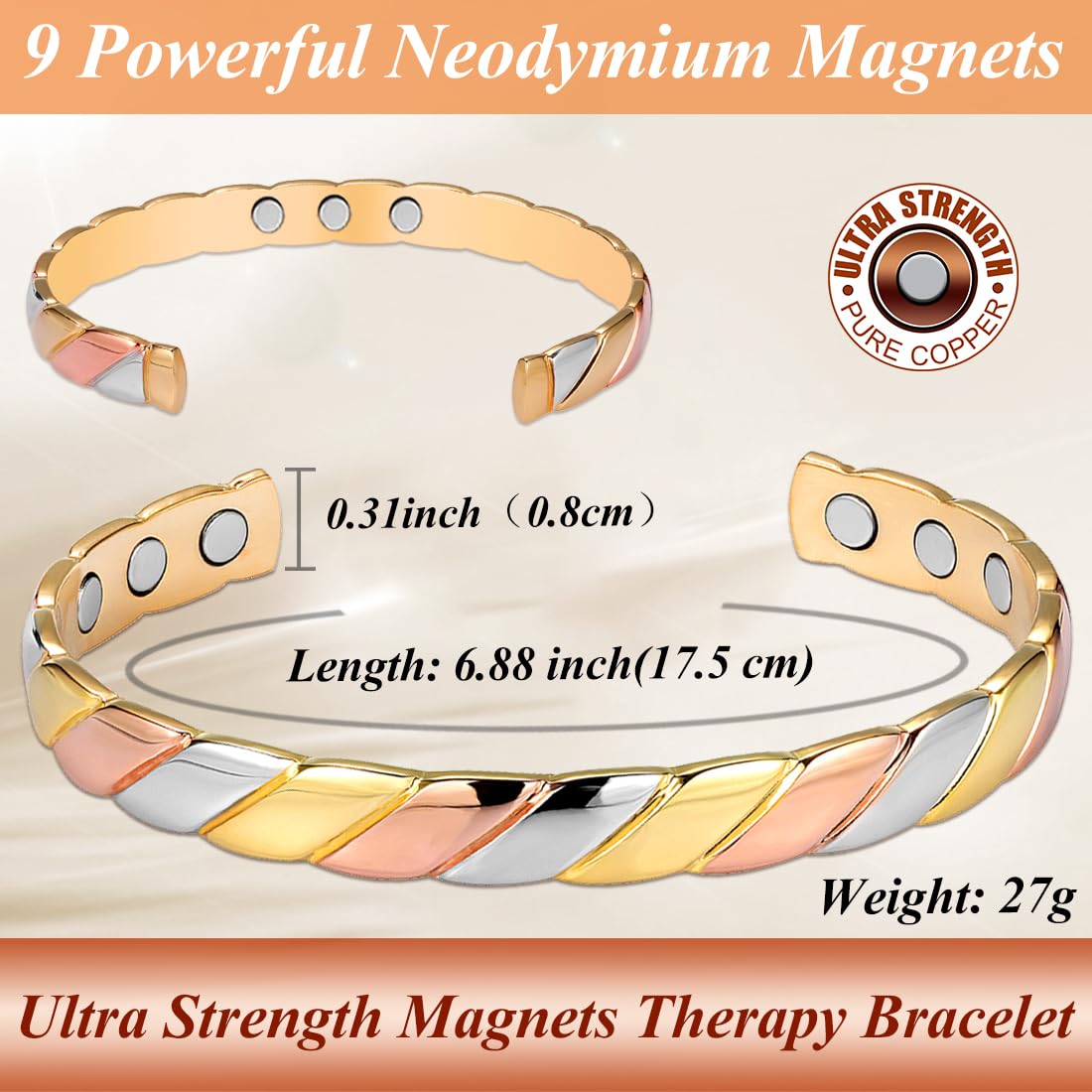 Cigmag Copper Bracelets for Women Pure Copper Bracelet Cuff Bangle Strength Magnet Adjustable