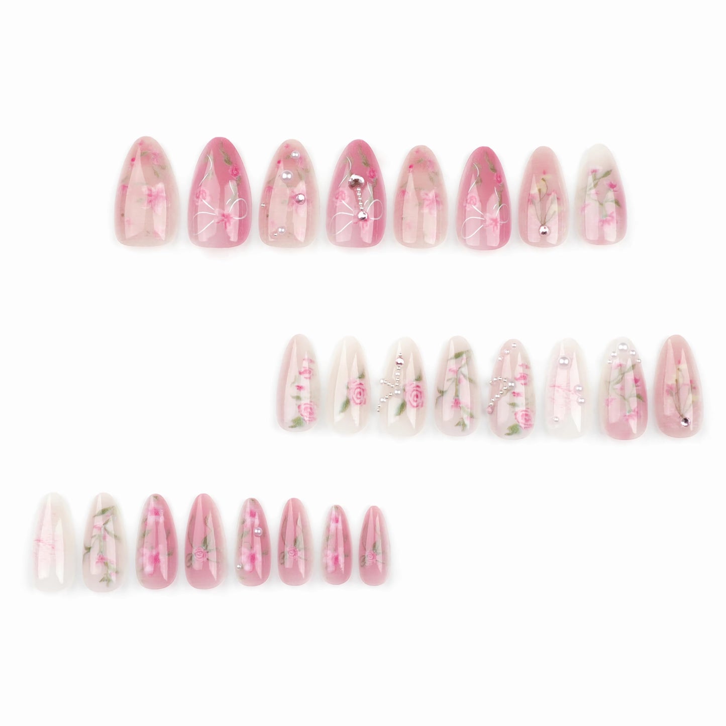 BABALAL Almond Press on Nails Medium Fake Nails Pink Glue on Nails Flower Heart Charm Design Acrylic Nails 24Pcs Coquette Handmade False Nails