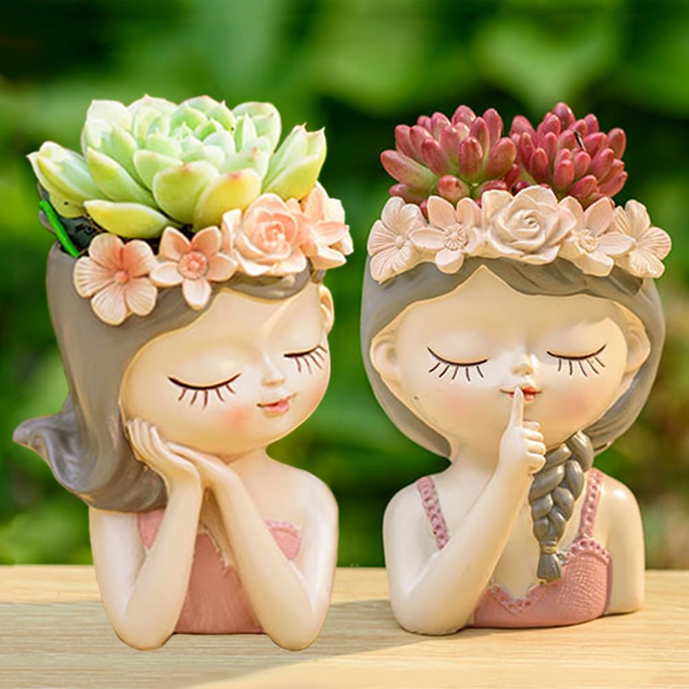 Snowy sunday Small Fairy Succulent Plant Pot kit 2 Pack with Drainage Hole Indoor Cactus Pot Cute Flower vases Decor with Girl Face Container Planter