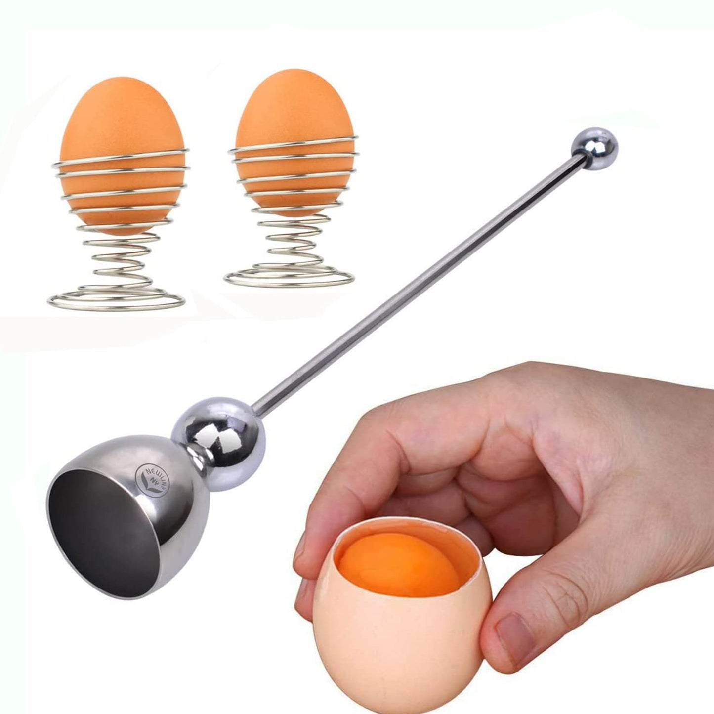 NEWLINE NY 5 PCS - 4 Spring Wire Egg Cup Holders and 1 Stainless Steel Topper Opener Set