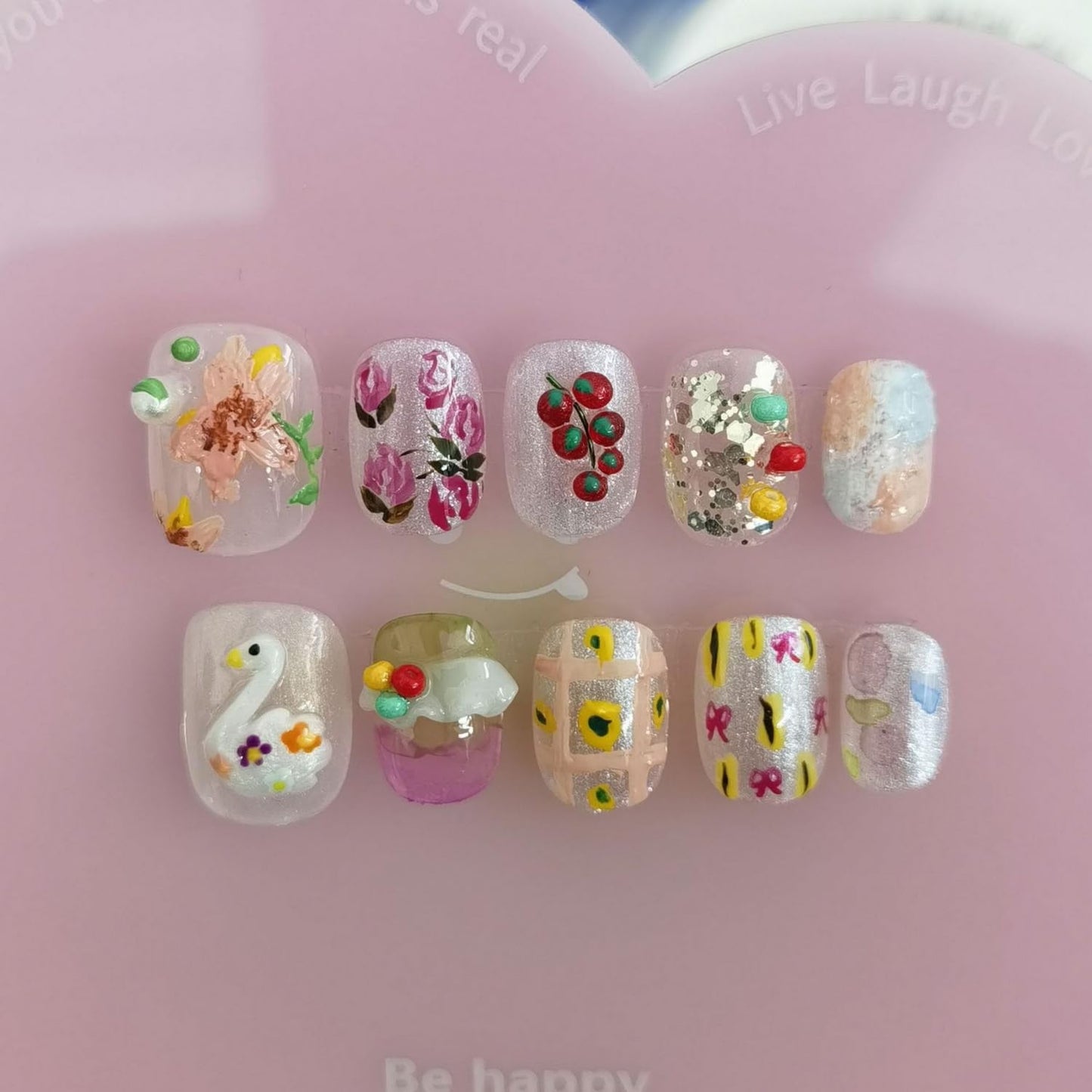 Cute Handmade Press on Nails Extra Short Square 3D Unique Reusable ABS Material Fake Nails Luxury Rose False Nails with Designs Swan Flower Art Glossy Glue on Nails Thick Acrylic Nails(S)