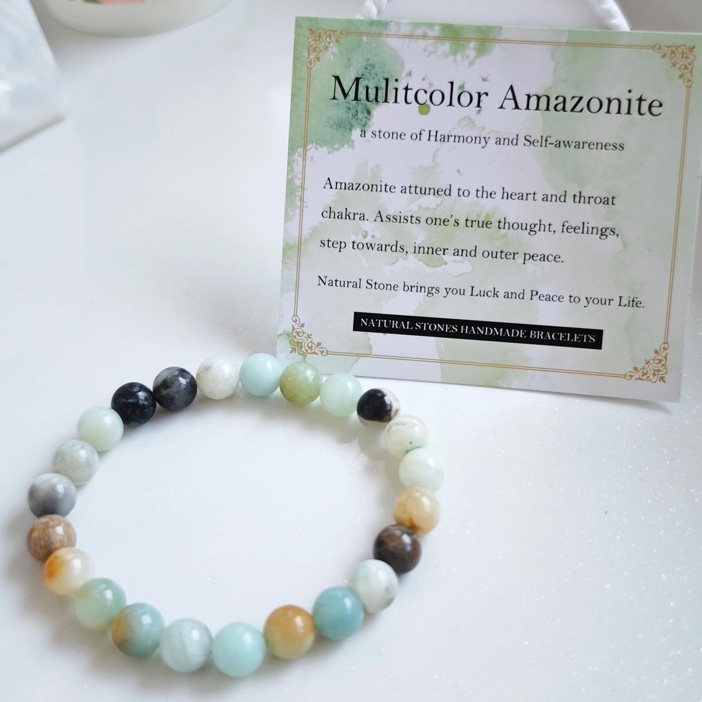 Handmade Natural Gemstone Elastic Bracelet - Healing Crystal Beads Jewelry, Unisex (Mulitcolor Amazonite, 8mm)