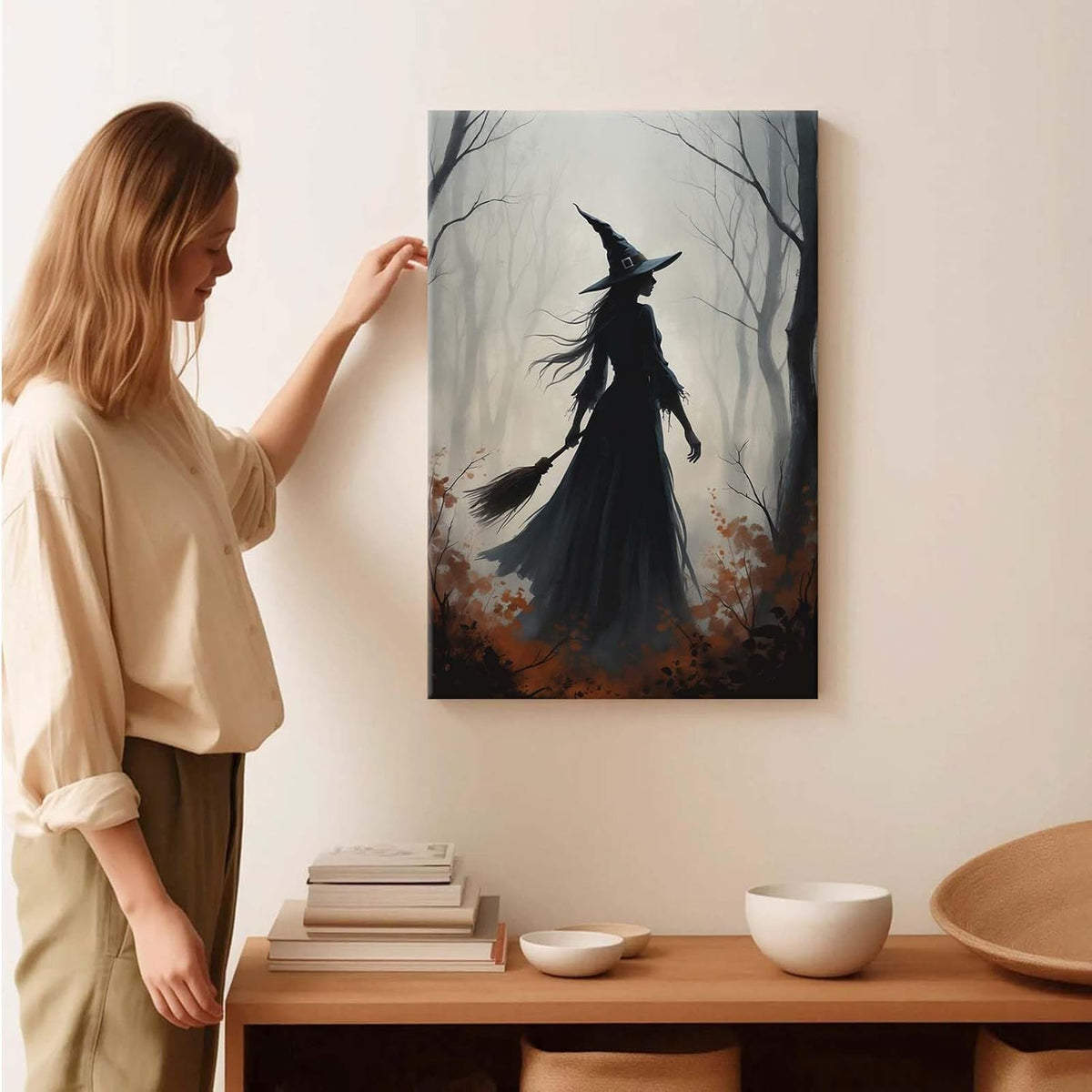 JFHCQJPK Vintage forest witch silhouette poster Halloween mural poster decoration mural art magic suitable for home living room bedroom20x30in Frameless
