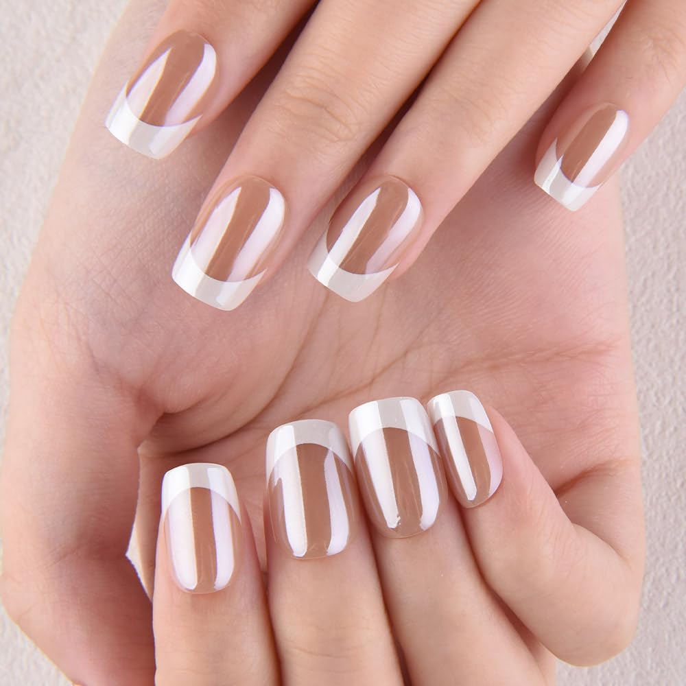evpct French Tip Press On Nails Short Square, Nude Brown + White Tips, Chrome Glazed Glossy Short Square Fake False Press on Nails, Reusable Gel Stick on nail Press ons with Nail Kit, Salon Quality