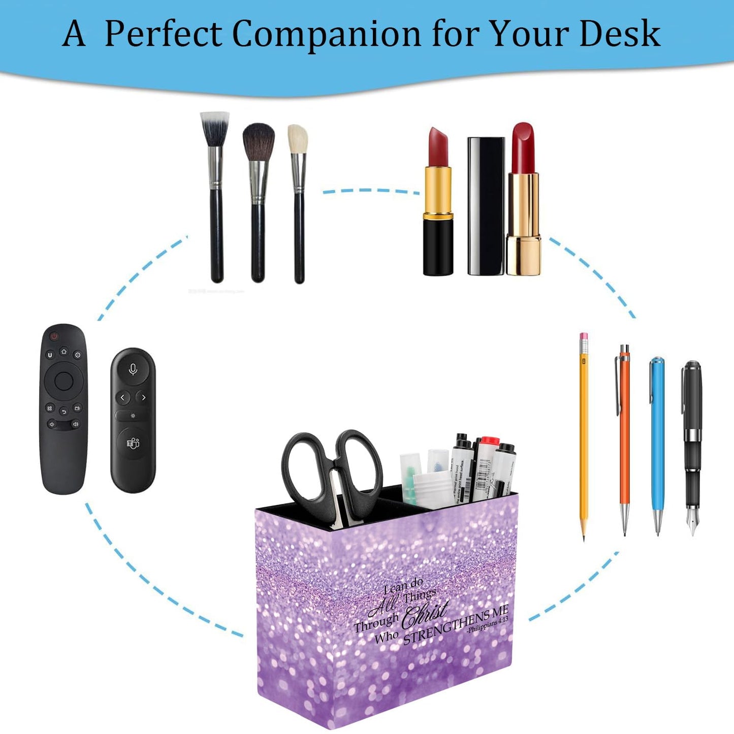 Pen Holder and Anti-Slip Mouse Pad Combination, Makeup Brush Storage Box, Tableware Storage Box, Suitable for Office and Home - Purple Glitter Quote Philippians 4-13