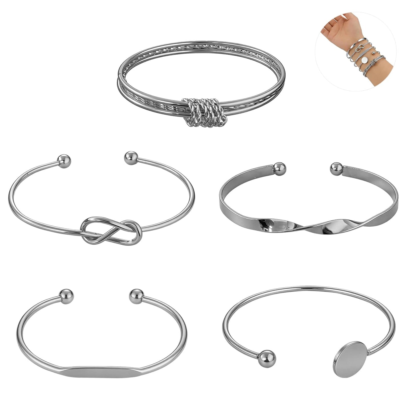 VEINARDYL Silver Bracelets set for Women, Silver Plated Bangles Cuff Bracelets Stack, Open Adjustable Bangles Fashion Accessories Jewelry Set for Gifts Birthday Valentines Day