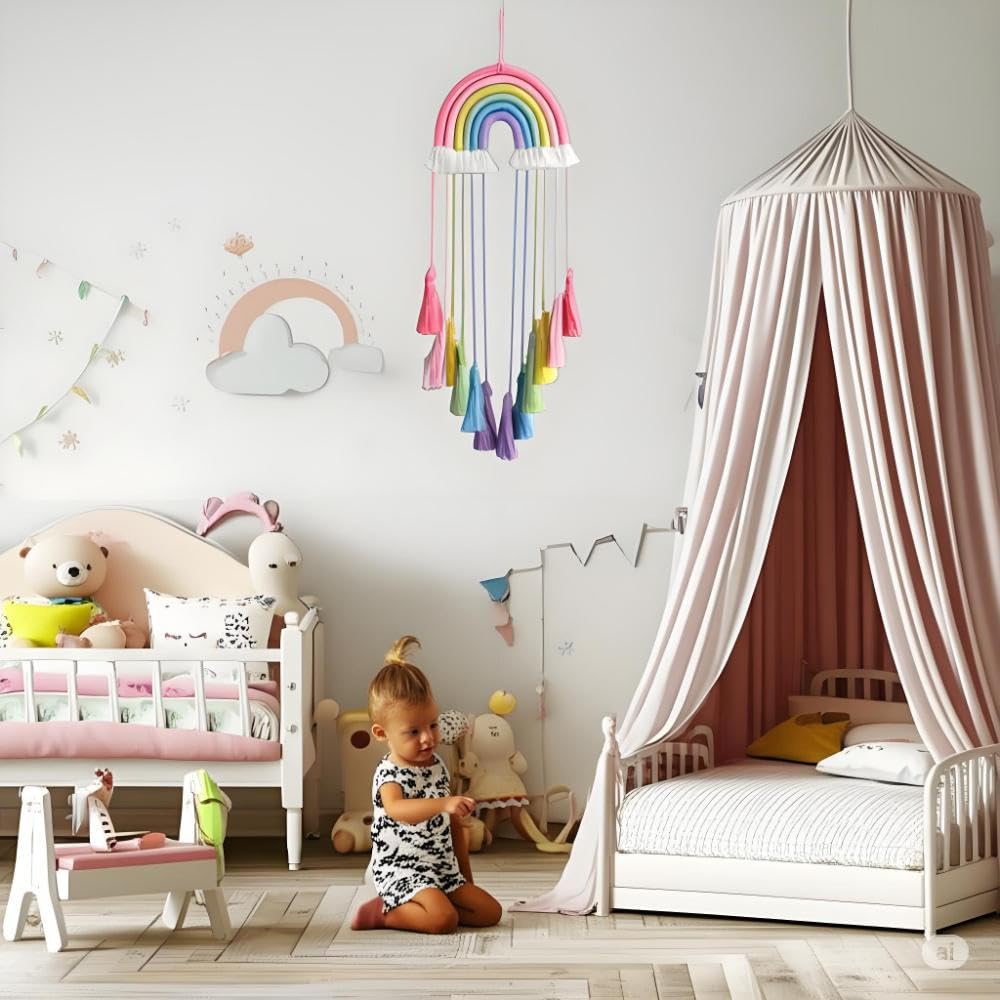 Honcas Rainbow Macrame Wall Hanging - Hand-Woven Cotton Tassel Tapestry Decor for Baby Room, Nursery, and Home Decor (Pink Rainbow)