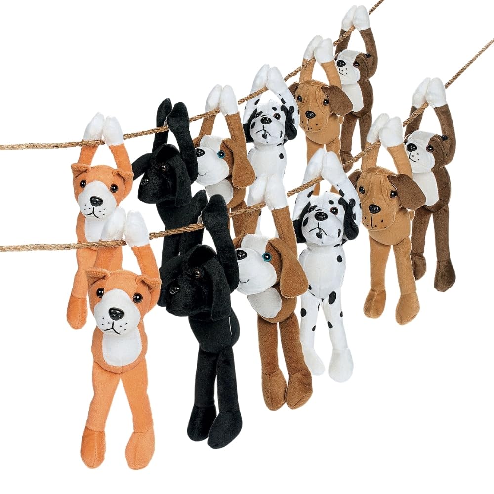Hanging Dog Stuffed Animals - Stuffed Dog Plush with Hook and Loop Fastener Paws - Set of 12