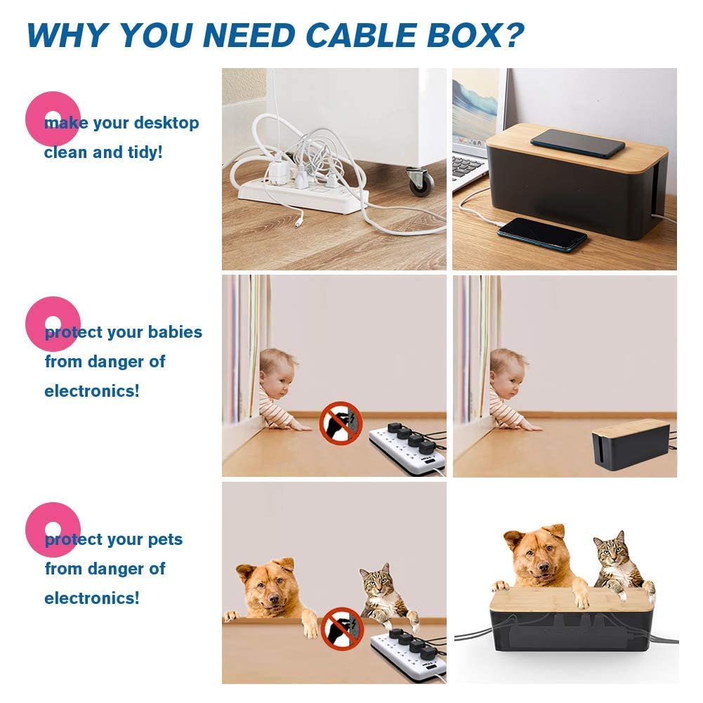 Cable Management Box, 2 Pack Bamboo Lid Large Storage Wires Organizer Holder for Home, Desk, TV, Computer, USB Hub - to Cover Hide Surge Protector Conceal Power Strips & Cords (Black)