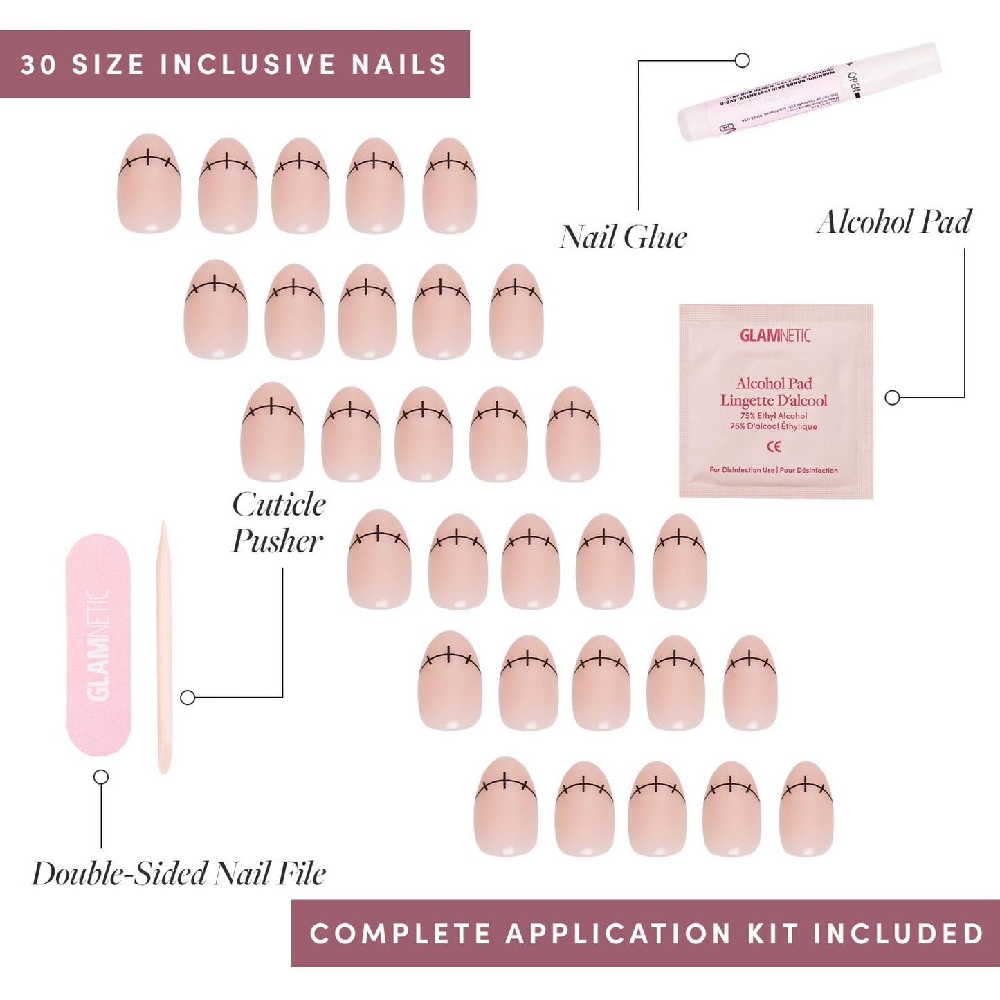 Glamnetic Press On Nails - Frankenbabe | Semi-Transparent Stitched Tip Graphic Short Oval Fake Halloween Nails, Salon Quality | 15 Sizes - 30 Nail Kit