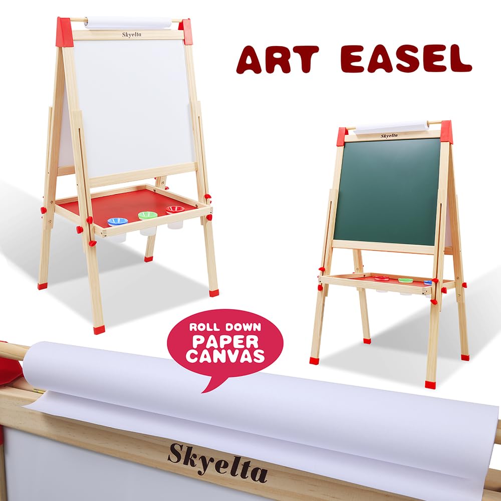 Skyelta Art Easel for Kid,Double-Sided Kids Art Easel with Magnetic Chalkboard & Whiteboard,Adjustable Height for Ages 4-12,Wooden Drawing Board with 100+ Accessories,Art Supplies & Gift