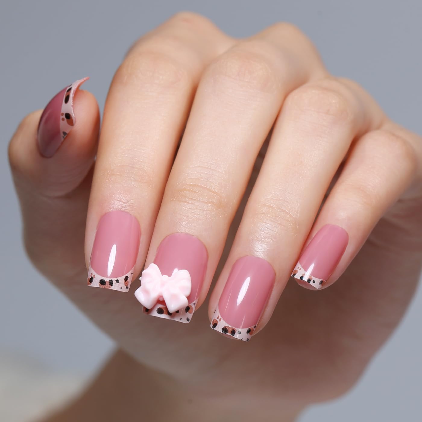 Goolich Leopard French Tip Press On Nails Medium Square, Nude Pink Nails Press ons Bow Charm with Adhesive Tabs, 24 Pcs 12 Size Reusable Full Cover Glue on Nails for Women