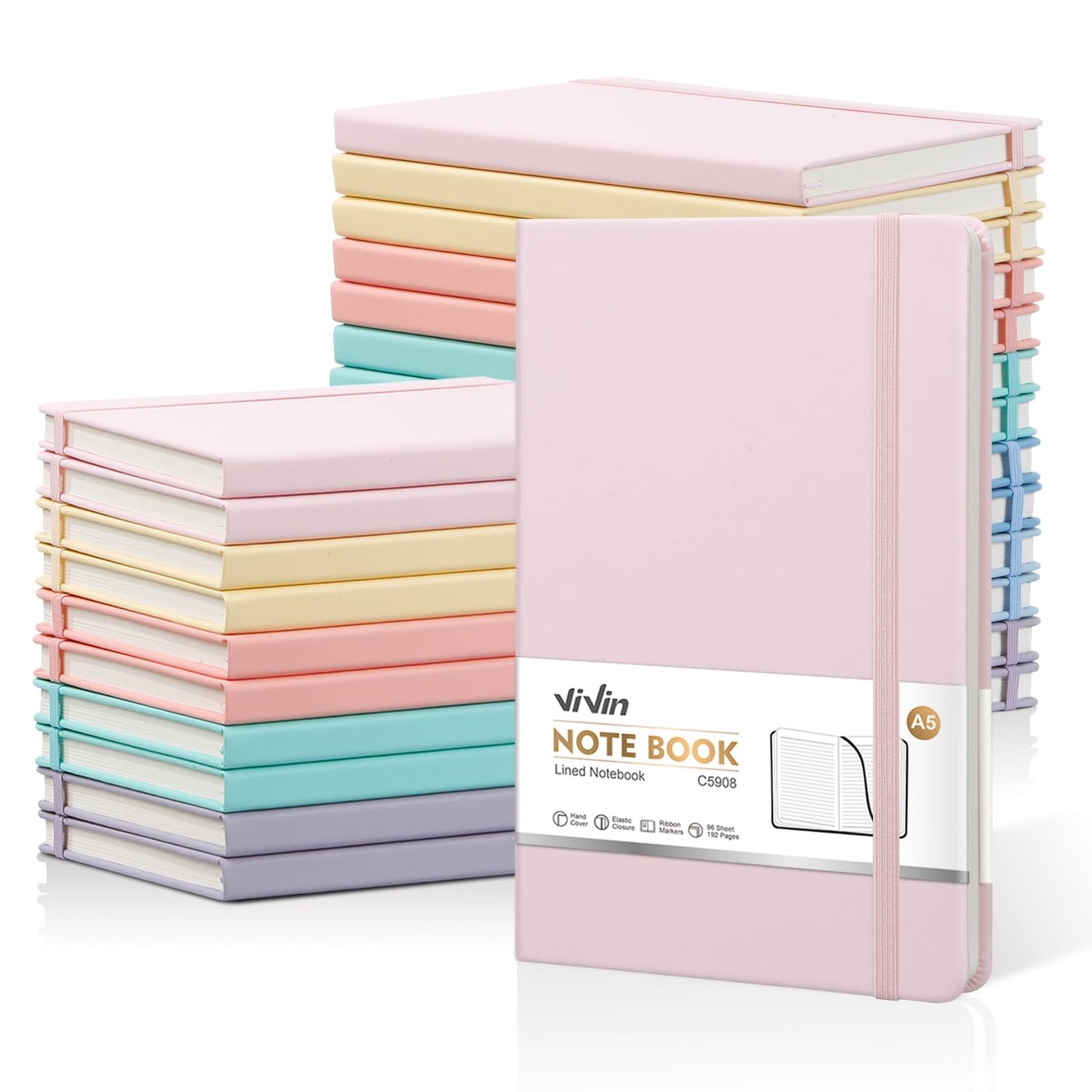 ViVin Lined Journal Notebooks for Work,192 Pages,5.5 x 8.3 inch,College Ruled,A5 Hardcover Journaling Notebooks for Writing,24 Pack Bulk