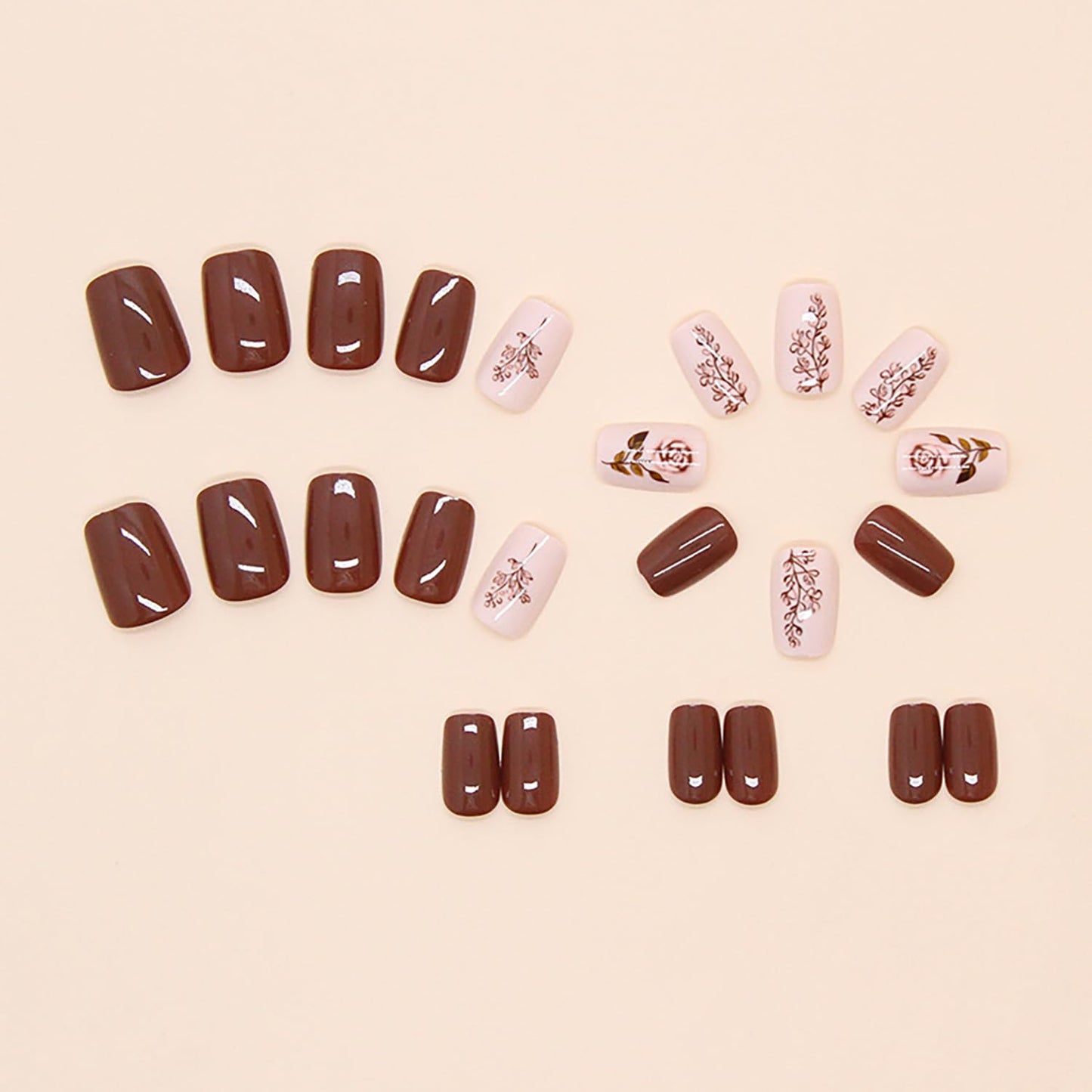 CJDLTS Press-on Nails - Short, Square Rose Flower Design, Full Cover Glossy Acrylic Coffin Nails, 24 Pcs
