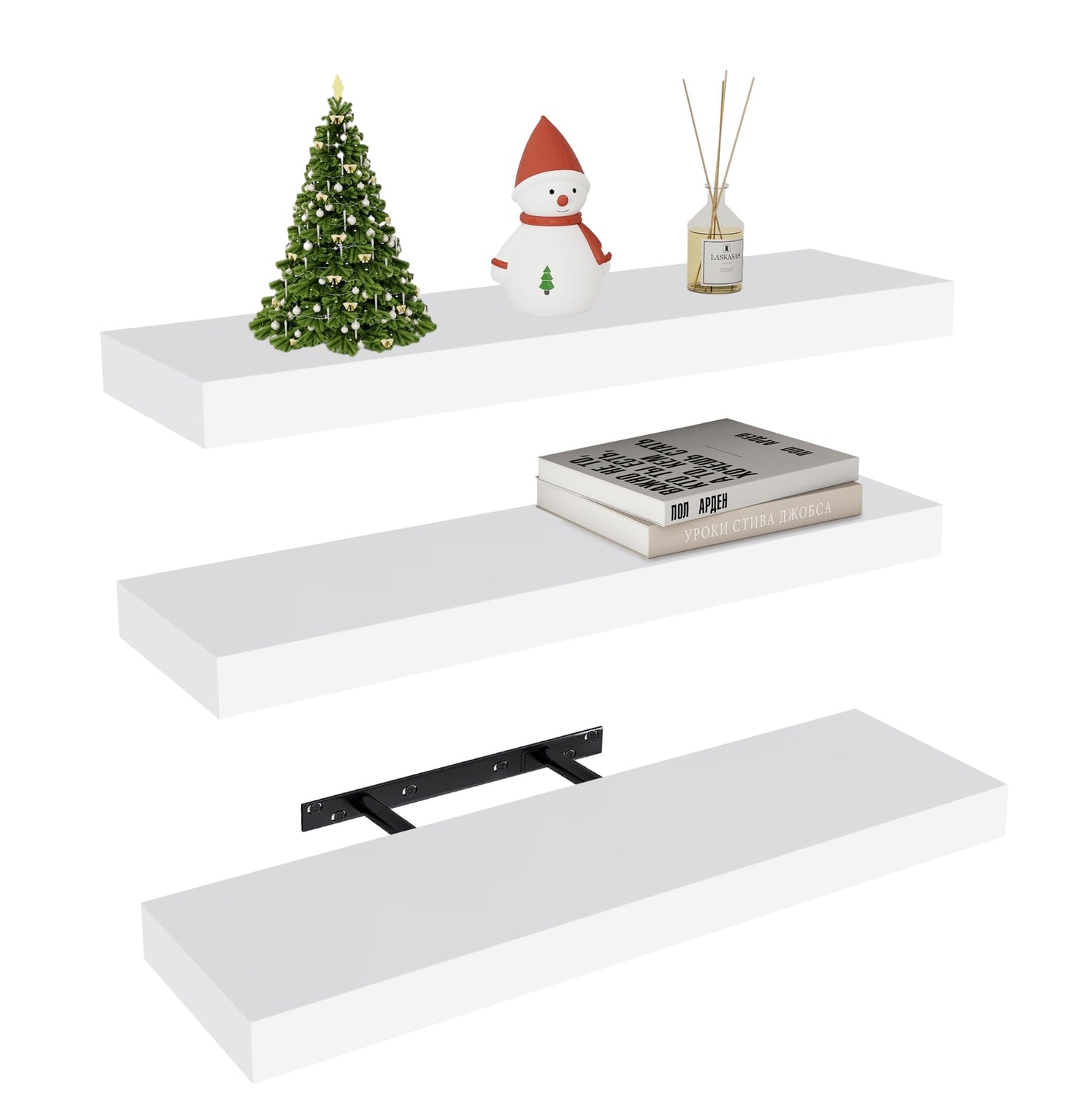 Vervida® White Floating Shelves for Wall, 24" Rustic Wood Deep Wall Mounted Shelves with Invisible Brackets for Decor & Storage, Floating Shelf for Living Room, Bathroom (Set of 3)