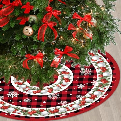 Holiday Christmas Tree Skirt, 48 inch Crimson and Black Checkered Christmas Tree Cover, Essential Decoration for Winter Celebrations Both Indoors and Outdoors