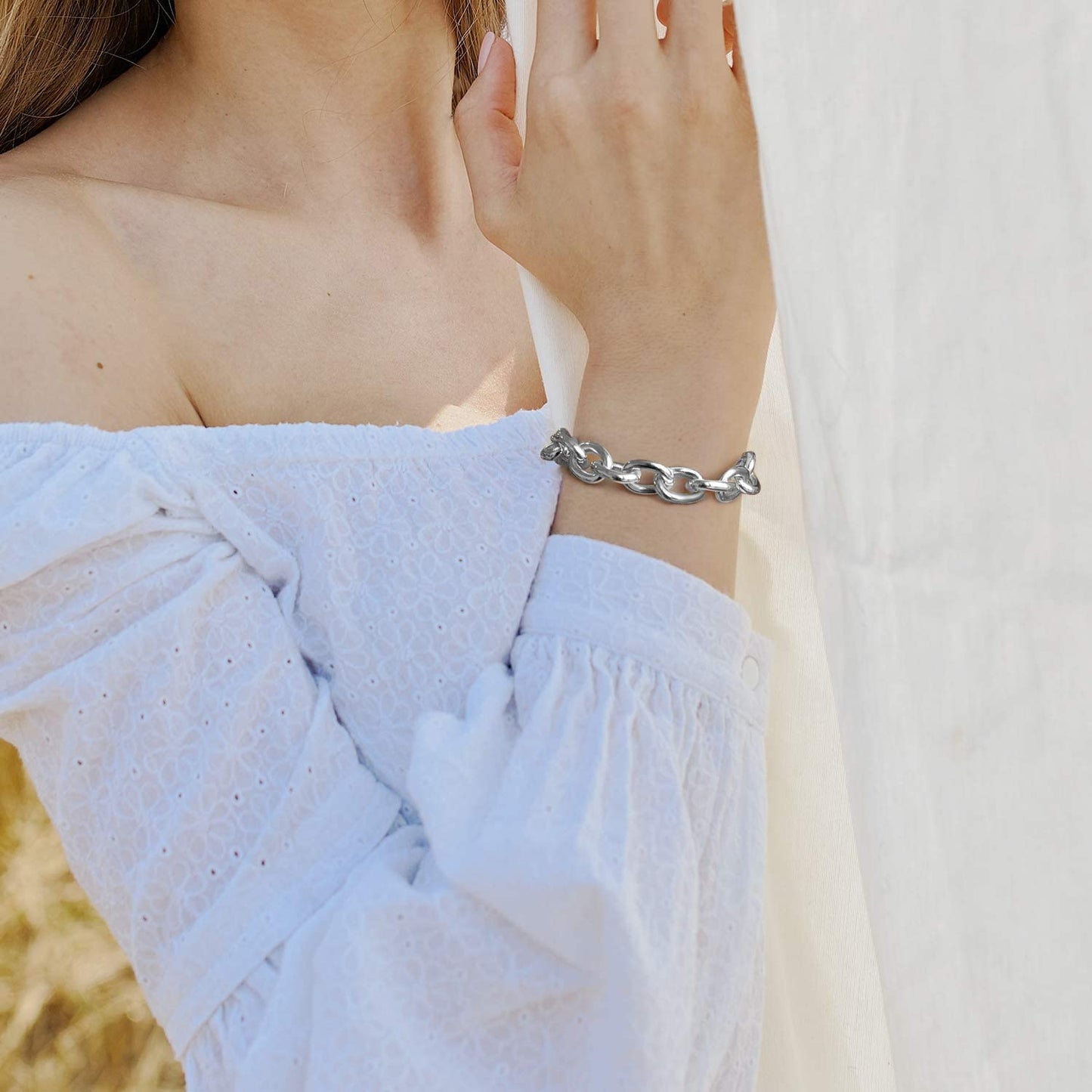 LANE WOODS Silver Bracelets for Women White Gold Plated Chunky Thick Large Link Chain Bracelet