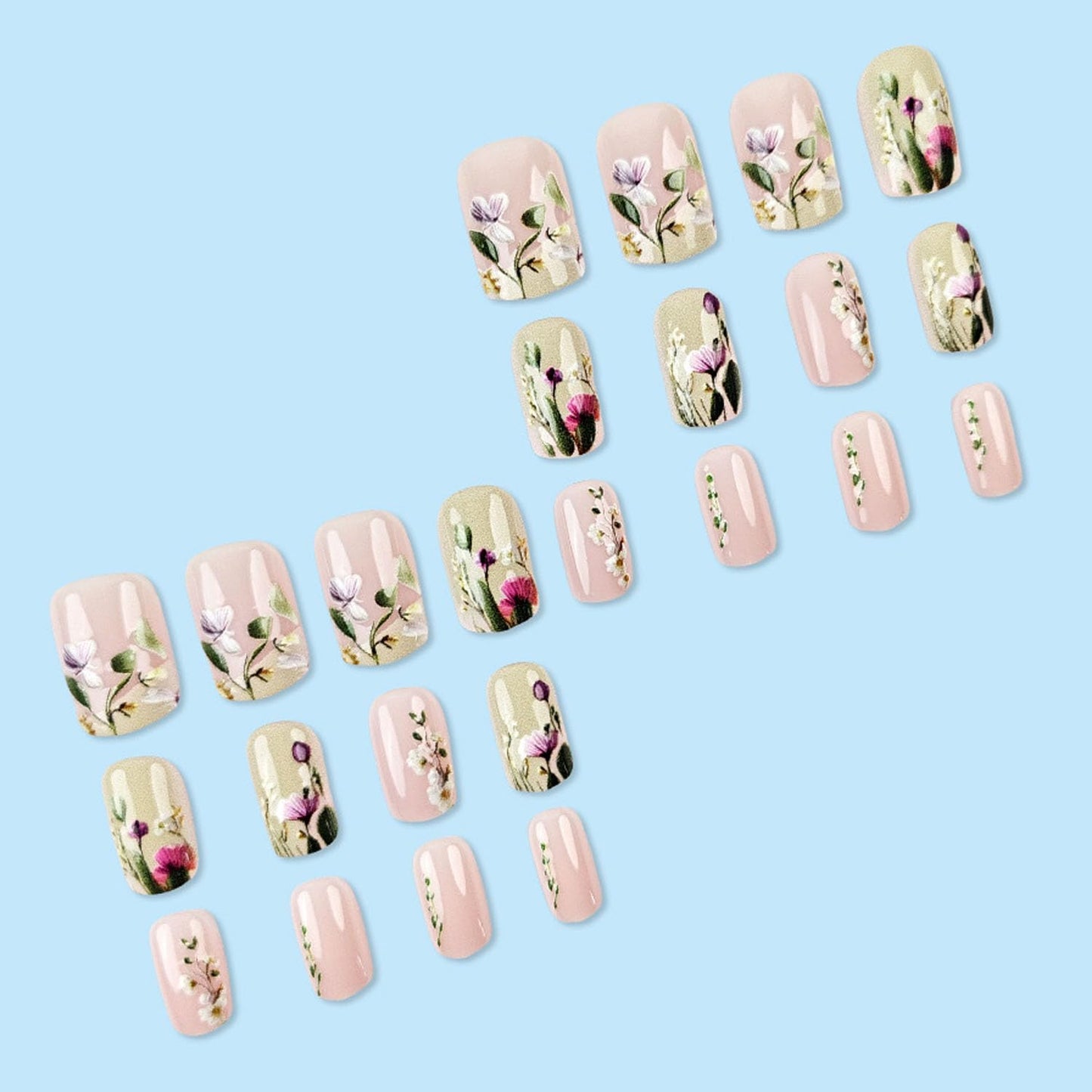 Flowers Press on Nails Short Fake Nails 3D Floral Acrylic Nails Light Pink & Green Full Cover Glue on Nails Spring Reusable Stick on Nails for Women 24 Pcs