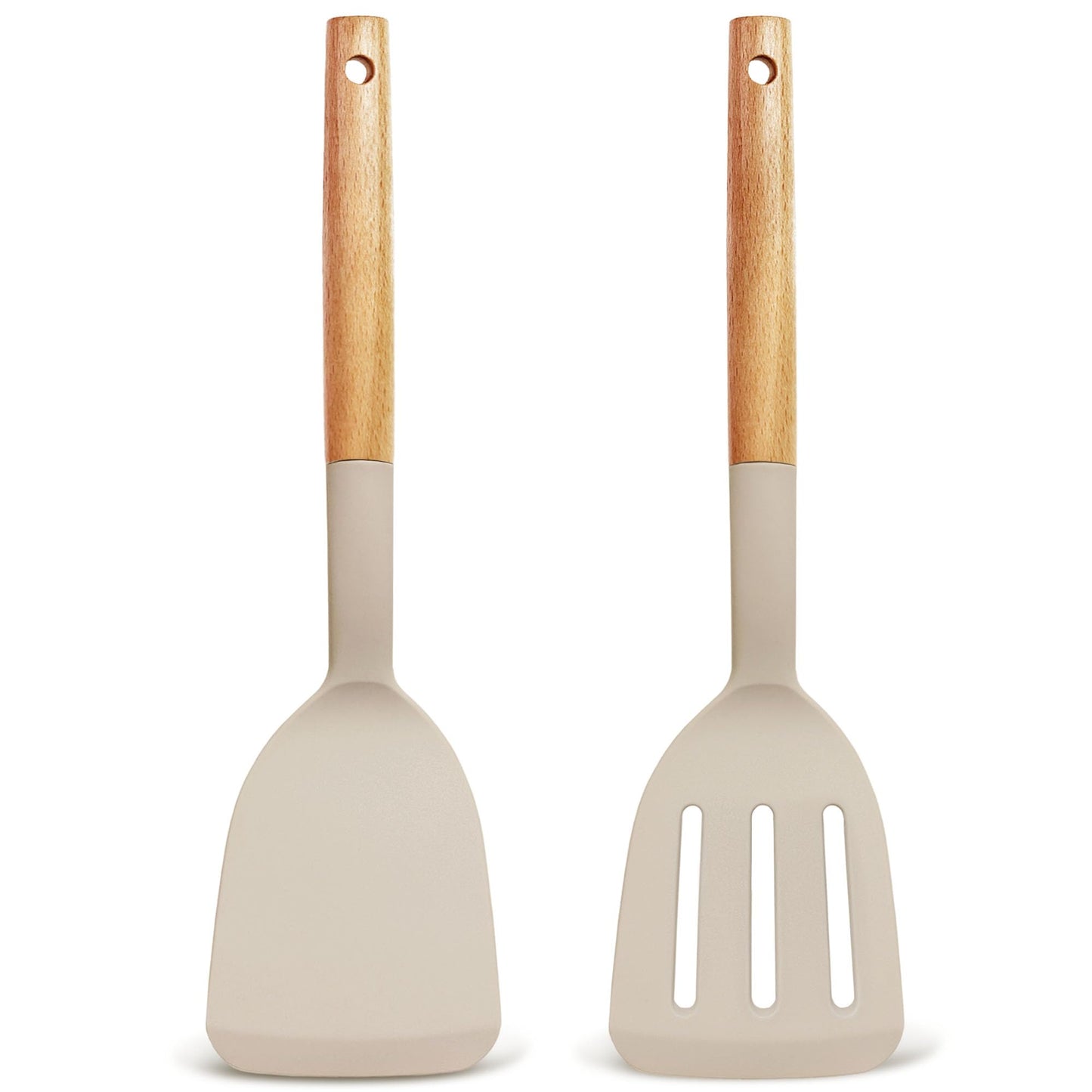 Set of 2 Silicone Spatula Turner for Nonstick Cookware, 600°F Heat Resistant Solid Slotted Kitchen Spatula Set with Wooden Handle, Cooking Utensils Set for Egg, Pancake, Fish, Burger