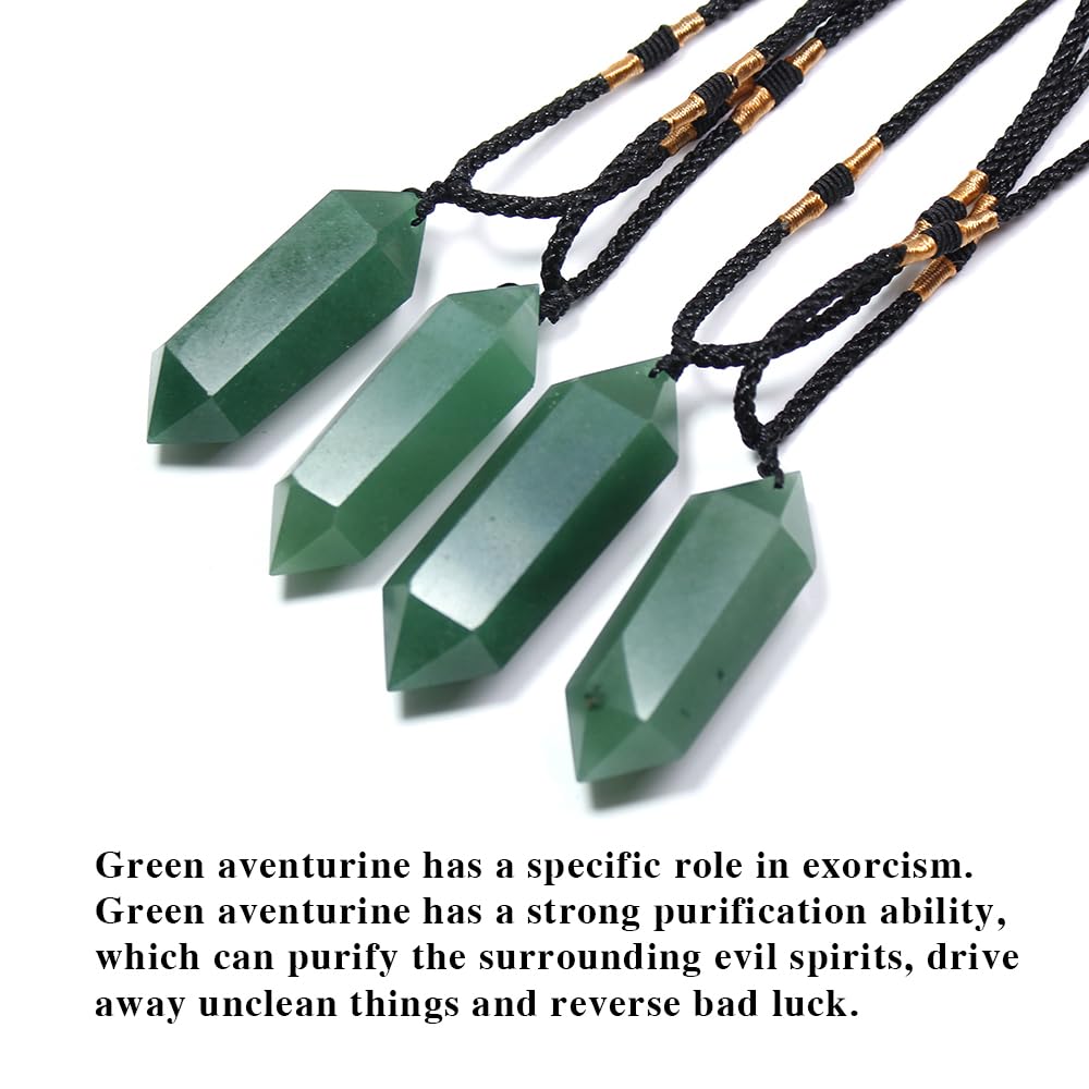 Runyangshi Green Aventurine Healing Crystal Pendants, Double Pointed Natural Crystal Quartz Necklace 6 Faceted Chakra Crystal Wand Stone