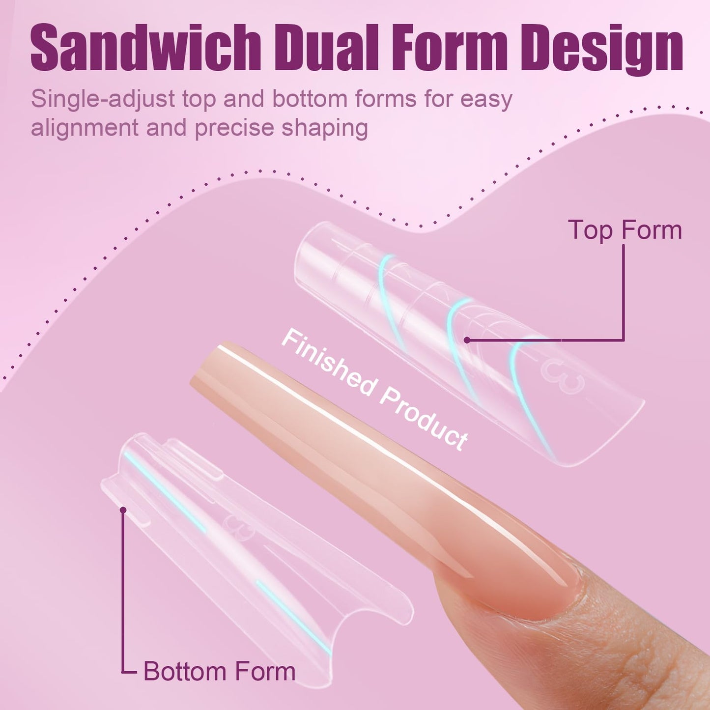 Vnjaoi 280 Pcs Original Sandwich Nails Dual Form with Guide Lines Long Coffin Nail Mold for Builder Gel Nail Extensions Art Design Salon DIY at Home