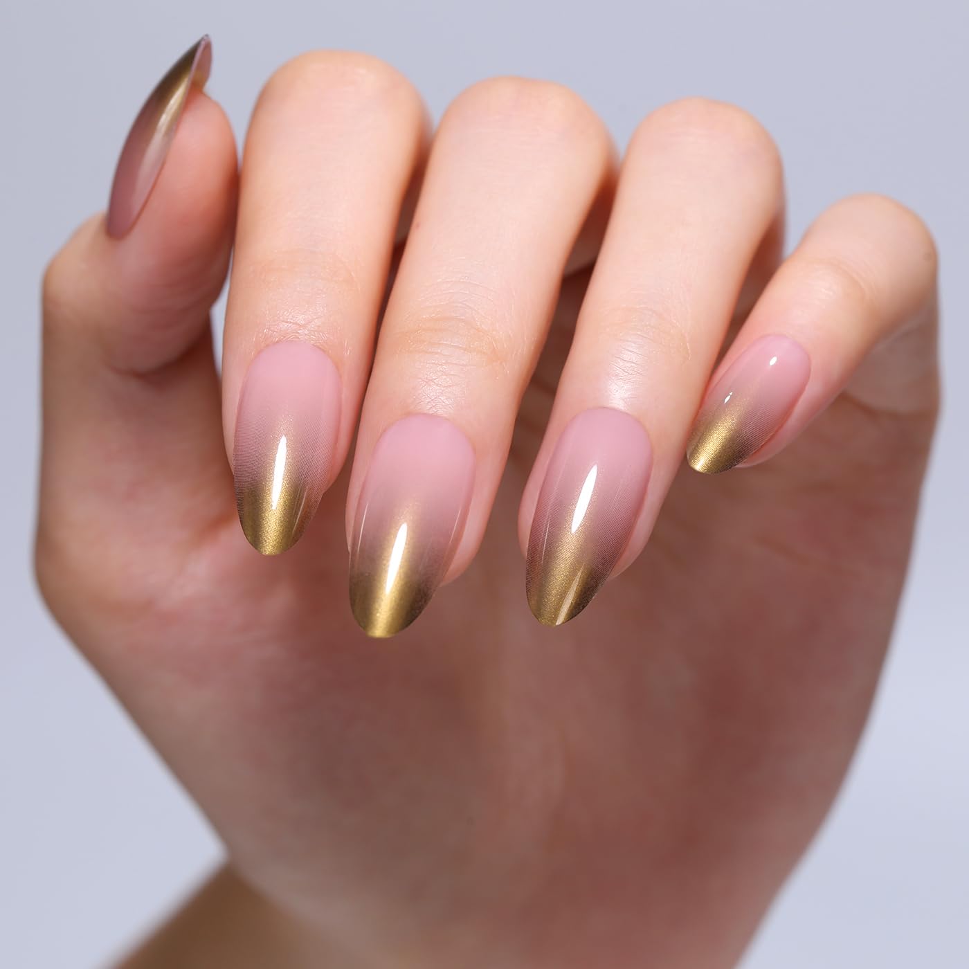 Goolich Gold Chrome French Tip Press On Nails Medium Almond, Sheer Pink Nails Press ons Set with Adhesive Tabs, 24 Pcs 12 Size Reusable Full Cover Glue on Nails for Women