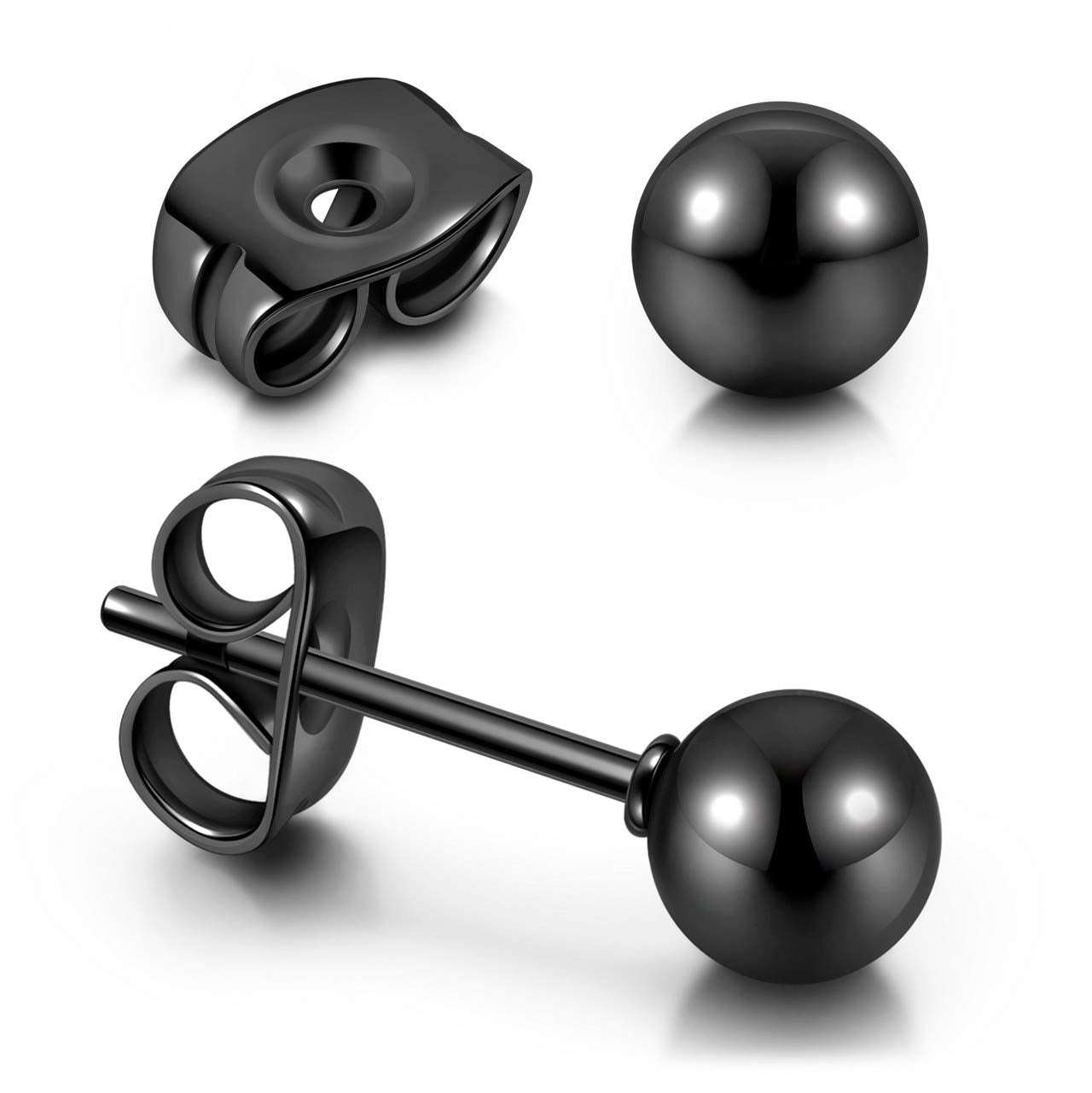 Top Plaza 10Pcs Hypoallergenic Stainless Steel Round Ball Black Earrings for Men Women Studs Earring Set 3mm-8mm(Black)