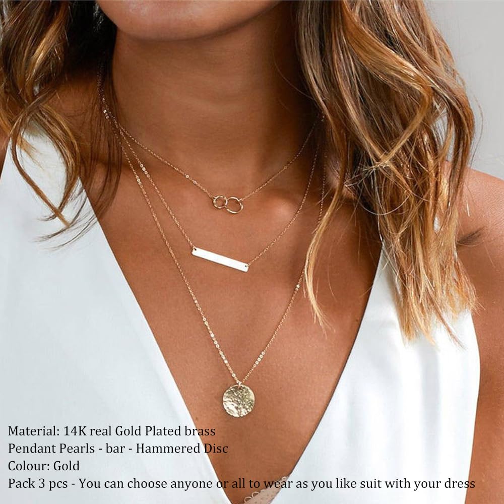 Turandoss Dainty Interlocking Circles Necklace Bar Hammered Disc Necklace Simple Jewelry Layered Choker Necklaces for Women