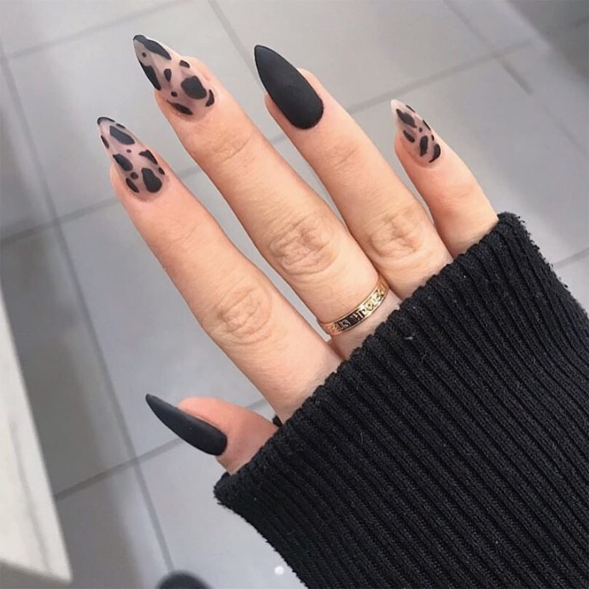 4 Packs (96 Pcs) Press on Nails Medium Gold & Black Almond Design, MMonesu Matte Fake Nails Glue on Nails Set with Adhesive Tabs Nail File for Women