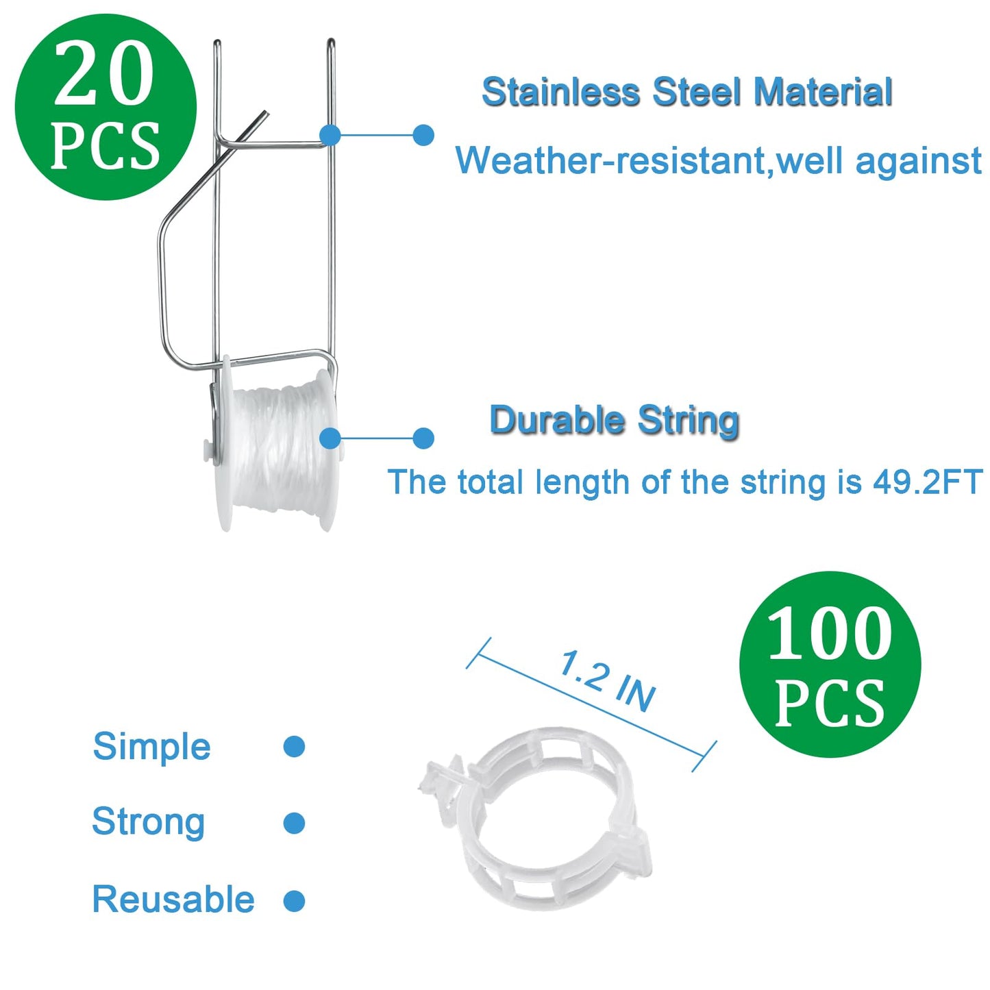 Hidbot Tomato Support Hooks with String 20 Pcs,100 Pcs Plant Support Clips for Climbing Plants,Tomato Trellis Roller Hooks with 49.2FT String,Reusable Grape Vine Clips to Prevent Tomatoes