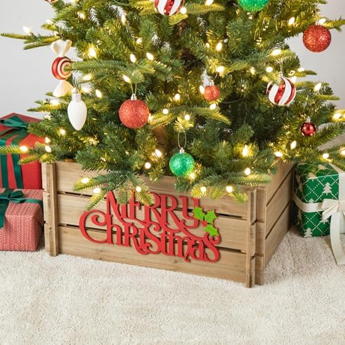 Glitzhome 24" L Christmas Tree Collar, Natural Wooden Merry Christmas Solid Wood Crate Tree Base Cover Farmhouse Tree Collar Christmas Tree Skirt for Artificial Trees