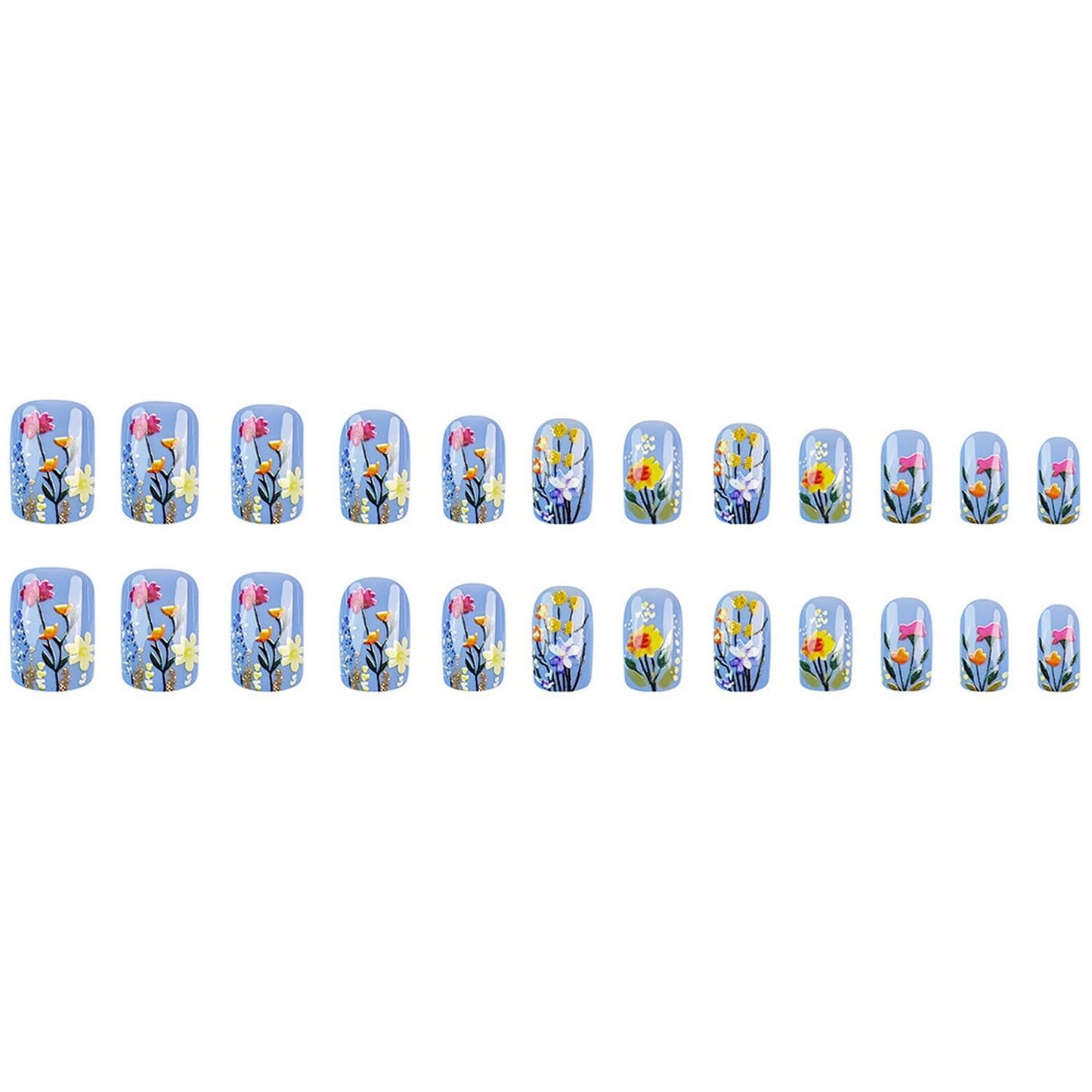 Floral Press on Nails Short Square Fake Nails Glossy Full Cover Flower design Acrylic Nails False Nails 3d Spring Glue on Nails Reusable Floral Nails Blue Stick on Nails for Women Art Manicure24pcs