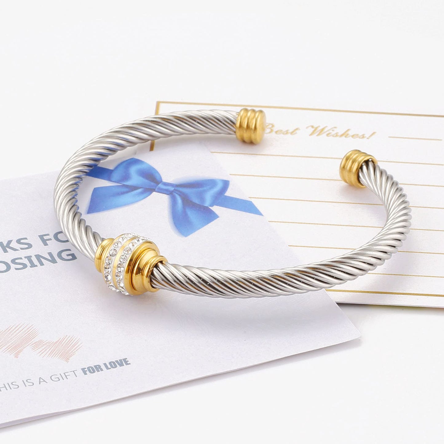 kaluoer Cable Bracelet Two Tone Stainless Steel Retro Twisted Wire Bangle Bracelet, Adjustable Cuff Bangle, Suitable, Mother, giving during festivals。 (Two Tone)