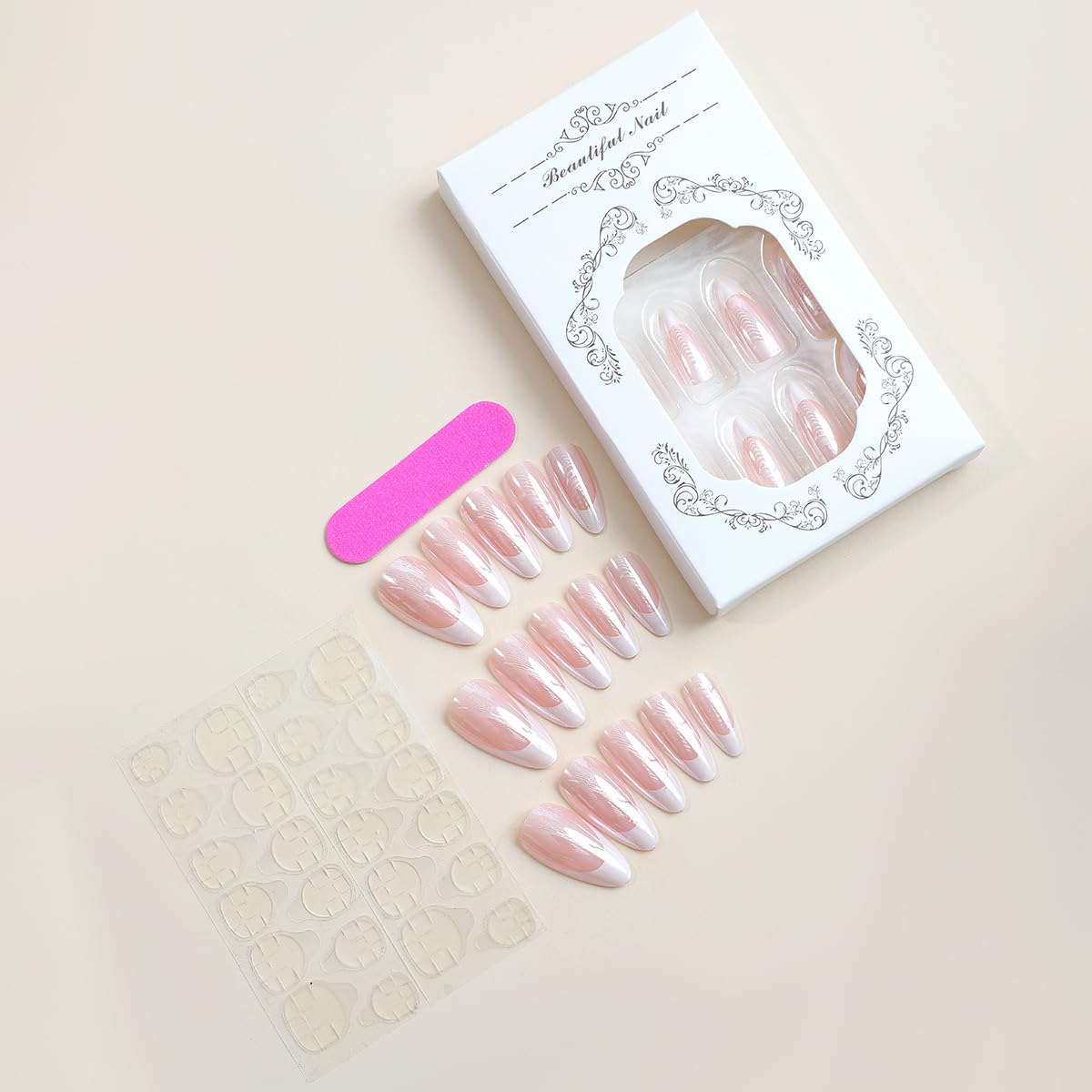 French Tip Press on Nails - Medium Almond Fake Nails - Chrome Design Full Cover Stick on False Nails - for Women 24 Pcs