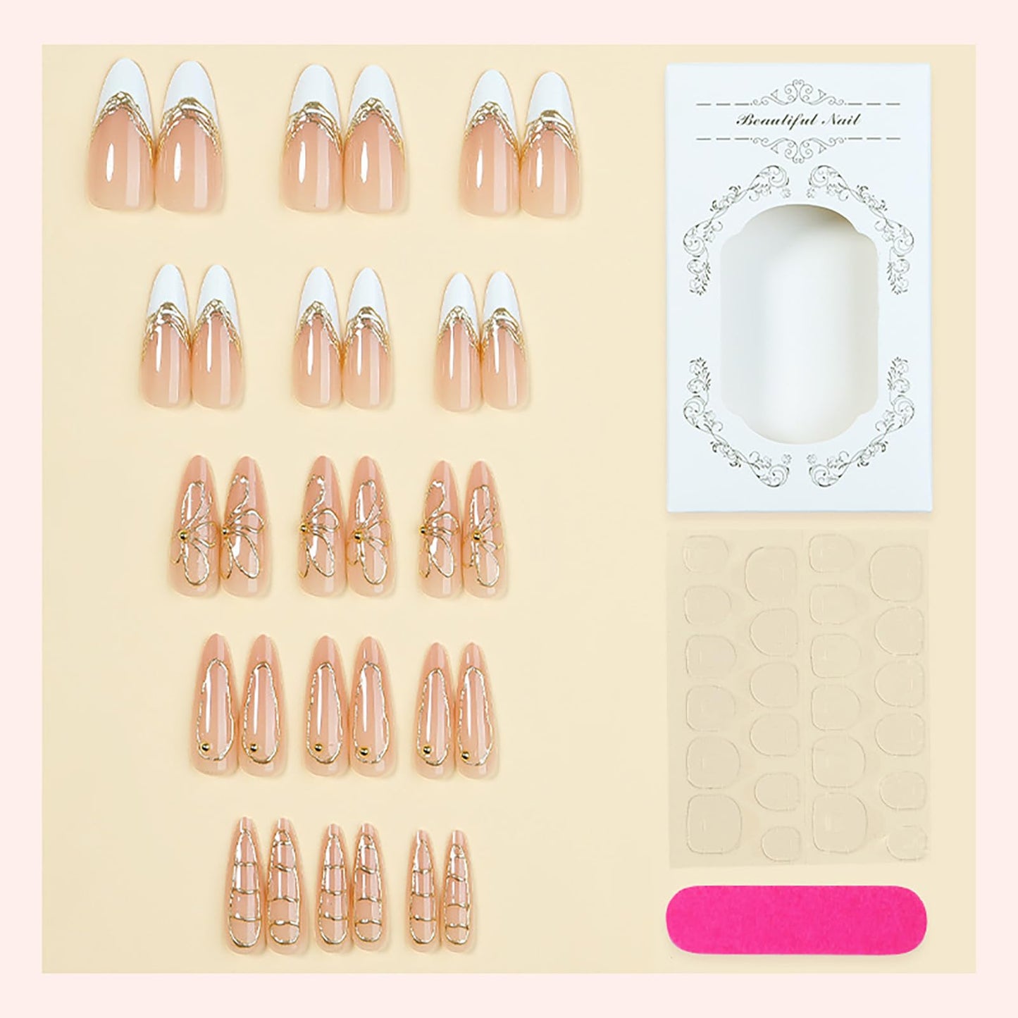 French Long Press on Nails Almond White Tip Fake Nails Gilded Butterfly Stick on Nails Gold-Edged Lines False Nails for Women Manicure Decoration 30Pcs