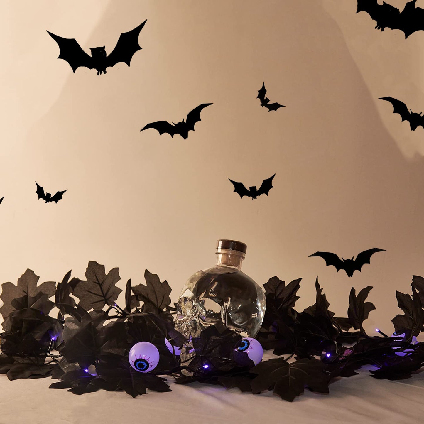 Black Maple Garland Halloween Decor Purple Lights Artificial Maple Wreaths for Wall Fireplace Outdoor Indoor Yard Haunted House Decoration