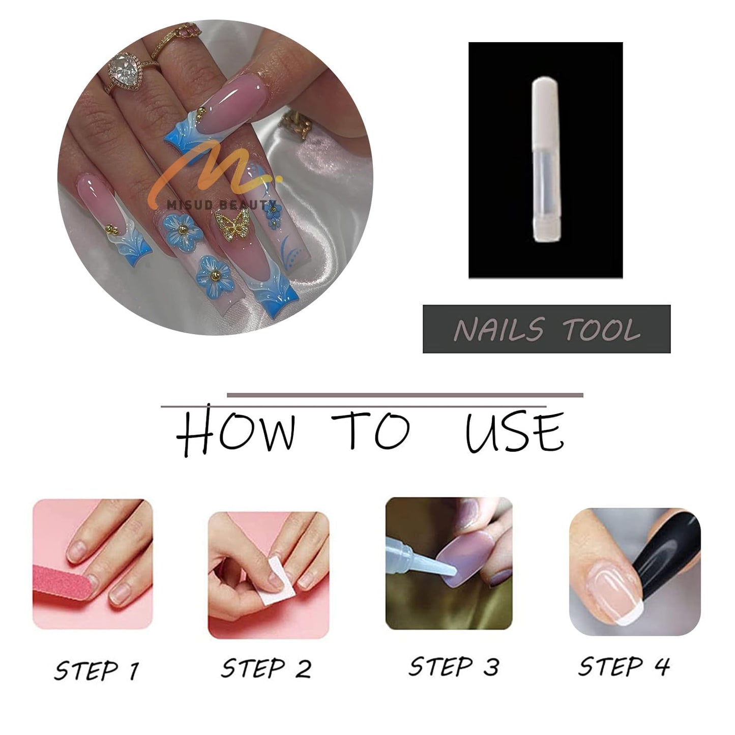 MISUD Press on Nails - Long Square Glue on Nails with Summer Blue, Acrylic Flower Butterfly Design 24 pcs