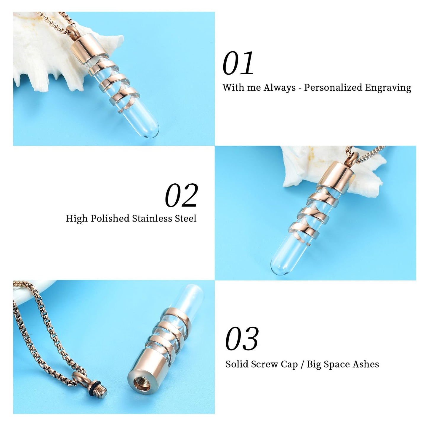 Oinsi Clear Glass Tube Cremation Urn Jewelry Ashes Holder Necklace Keepsake Memorial Pendant Including Box/Fill Kits (Rose gold)
