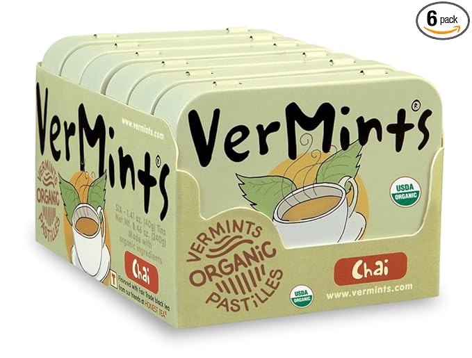 VerMints Organic Breath Mints - Real, Lasting Chai Flavored Pastilles - Breath Fresheners in Travel Mint Tins - Non-GMO, Nut Free, Gluten Free, Kosher & Vegan Candy - 1.41oz (Pack of 6)