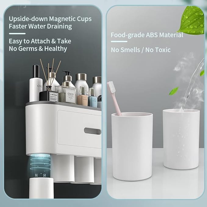 Toothbrush Holders Wall Mounted, Toothbrush Holder with Automatic Toothpaste Dispensers, 6 Brush Slots, 3 Magnetic Cups,1 Cosmetic Drawer Organizer and 1 Large Storage Tray