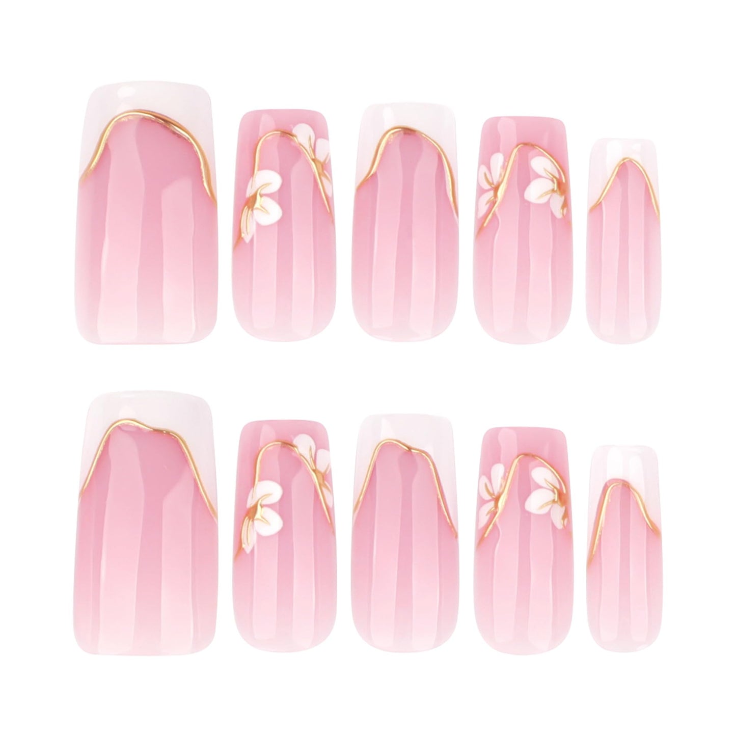 plalely Press on Nails French Tip, Handmade Acrylic Press on French Tip Nails with Flower Designs，Long Square Nail Press Ons for Women 24pcs