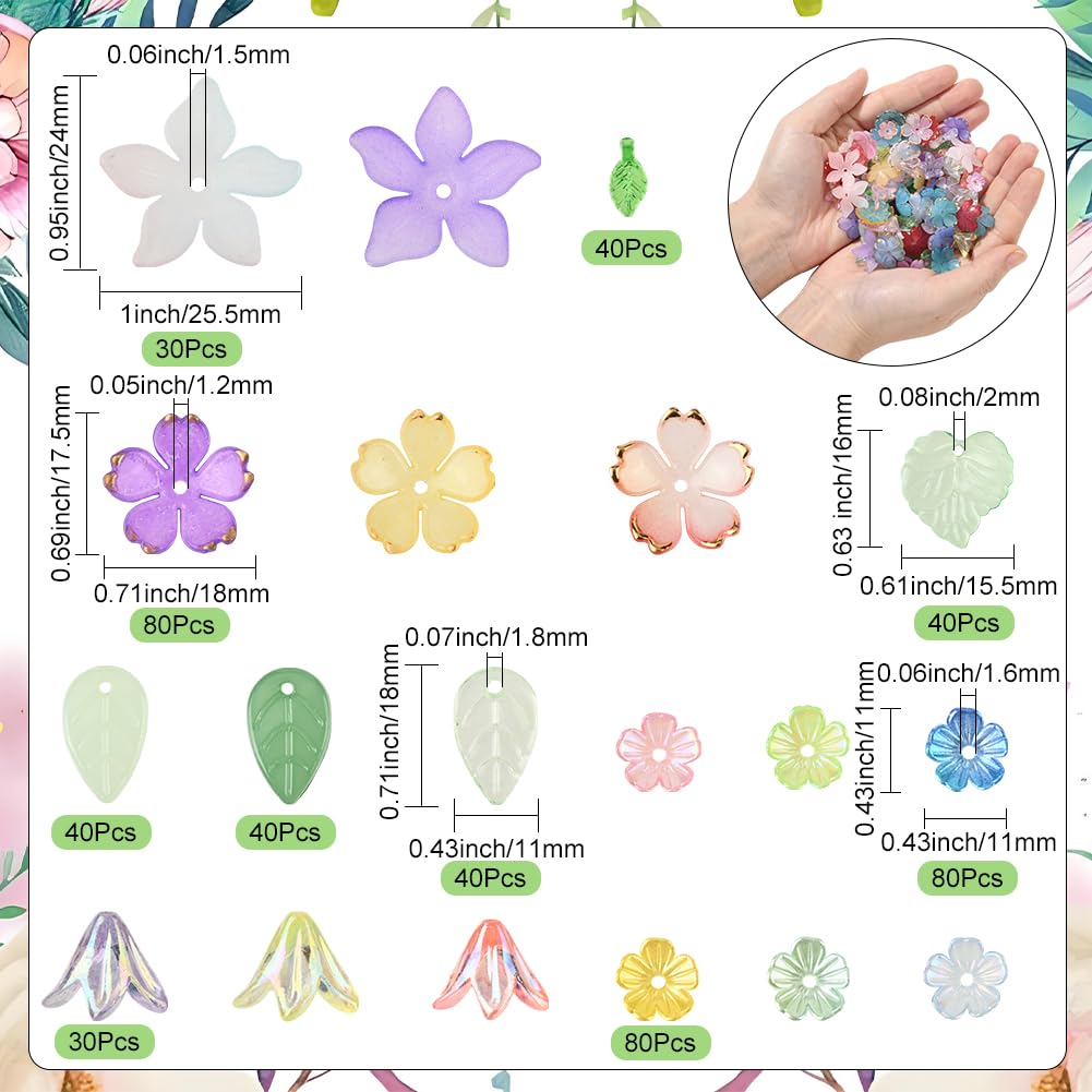SUNNYCLUE 1 Box 500Pcs Acrylic Flower and Leaf Beads Assorted Floral Beads Kit Green Pink Small Cute Spring Cherry Lily Caps Blossom Spacer for Jewelry Making Bracelet Necklace Decor Adults