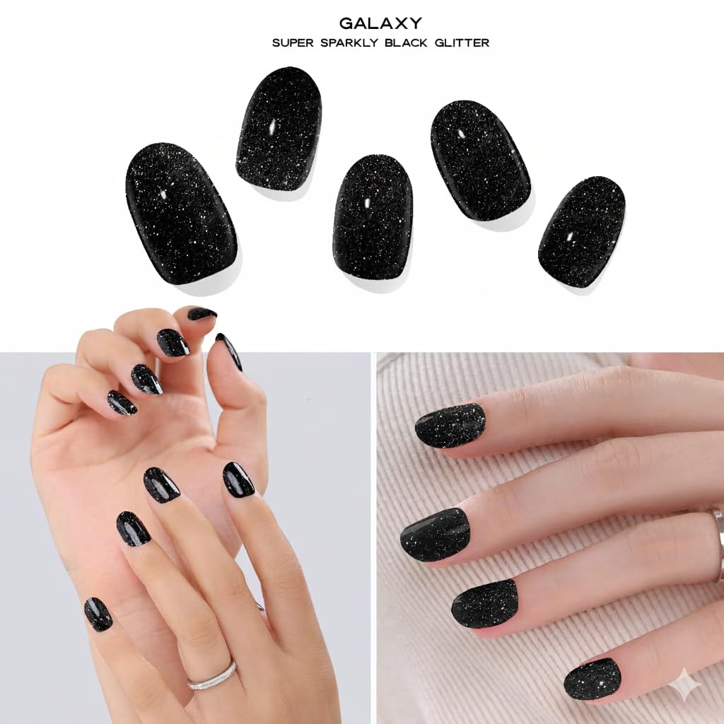 Adora Couture Semi Cured Gel Nail Strips with 20 Pieces - UV Gel Stickers, Manicure Kit, Easy Application Wraps Includes Prep Pads, Nail File, Wooden Stick - UV Light Required (Black Galaxy)