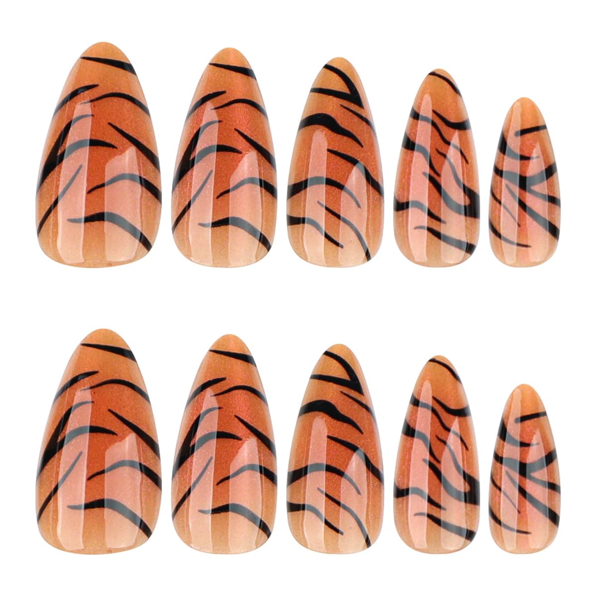 Tiger Print Press on Nails Medium Almond Fake Nails with Design Full Cover Glue on Nails for Women Manicure,Reusable | Nail Sticky Tabs | Easy Apply | 24Pcs