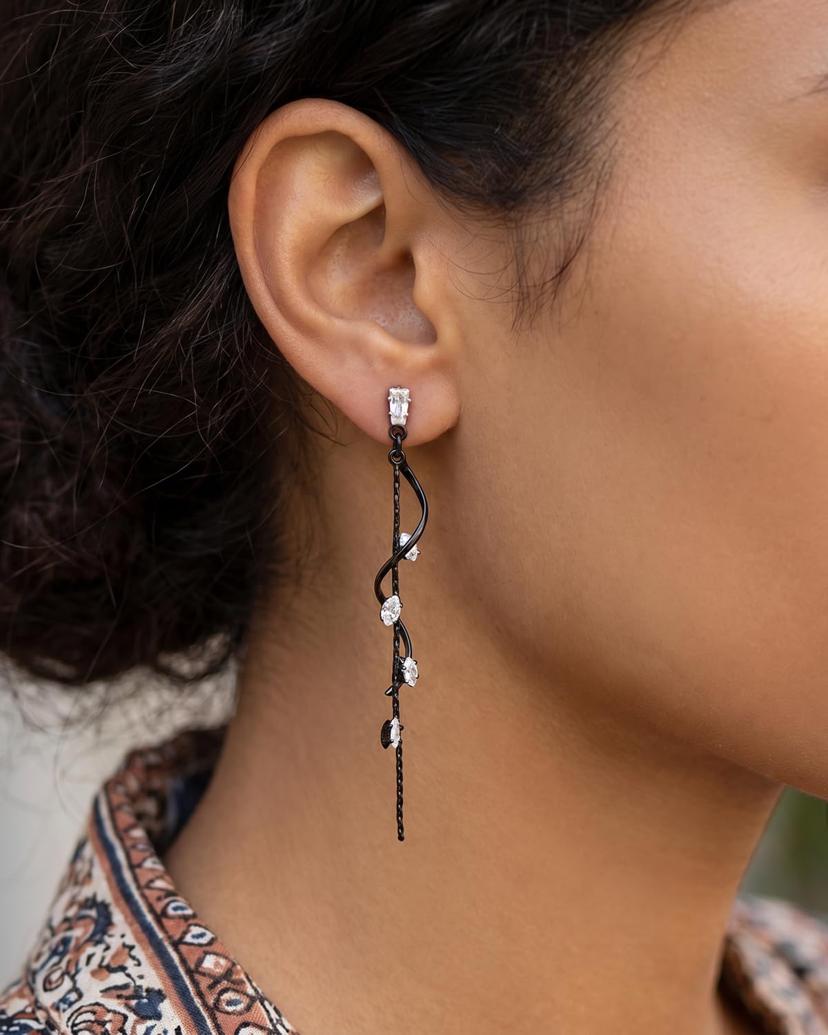 PRTGL Dangle Earrings for Women - Black Long Twist Tassel Dangle Earrings with Tiny Cubic Zirconia