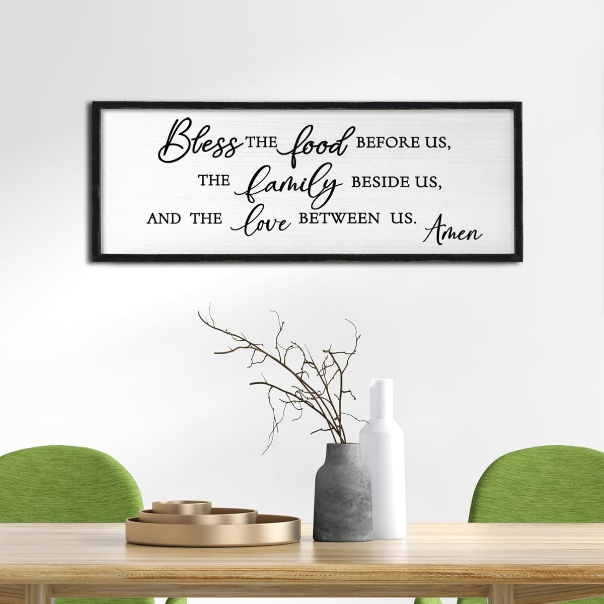 Bless the Food Before Us Wall Decor Art 24"X10" for Dining Room Kitchen Wall Wooden Framed Sign (Black)